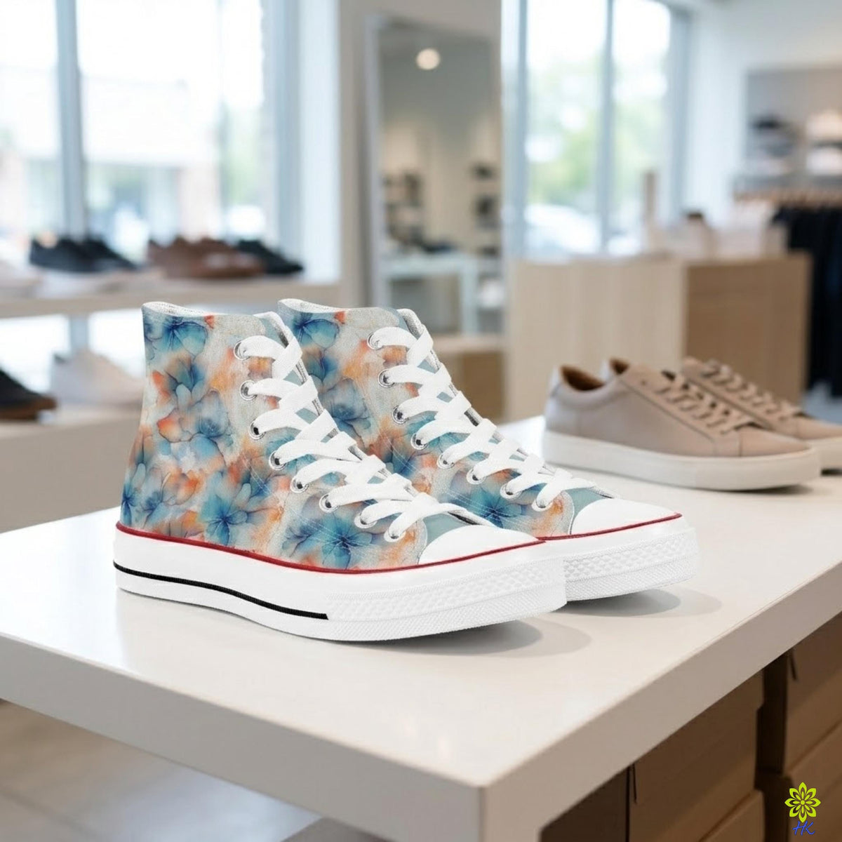 Frontaal driekwart zicht op bloemen canvas high-top sneakers met aquarel print op een witte presentatietafel