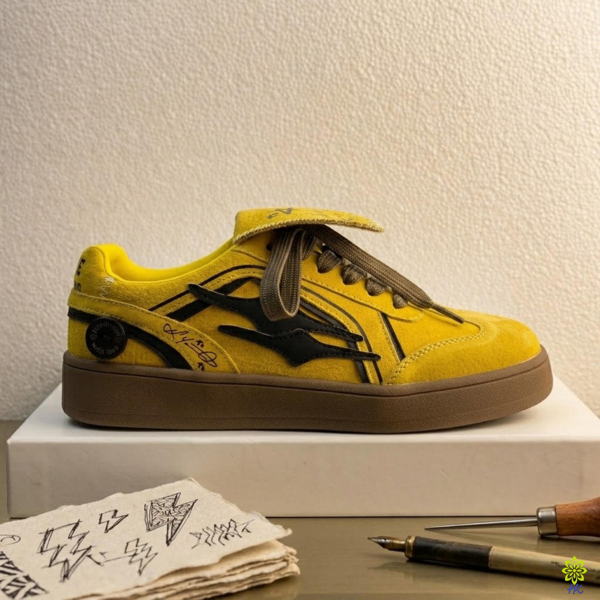 A yellow and black sneaker with a unique design, placed on a white surface next to some papers with sketches.