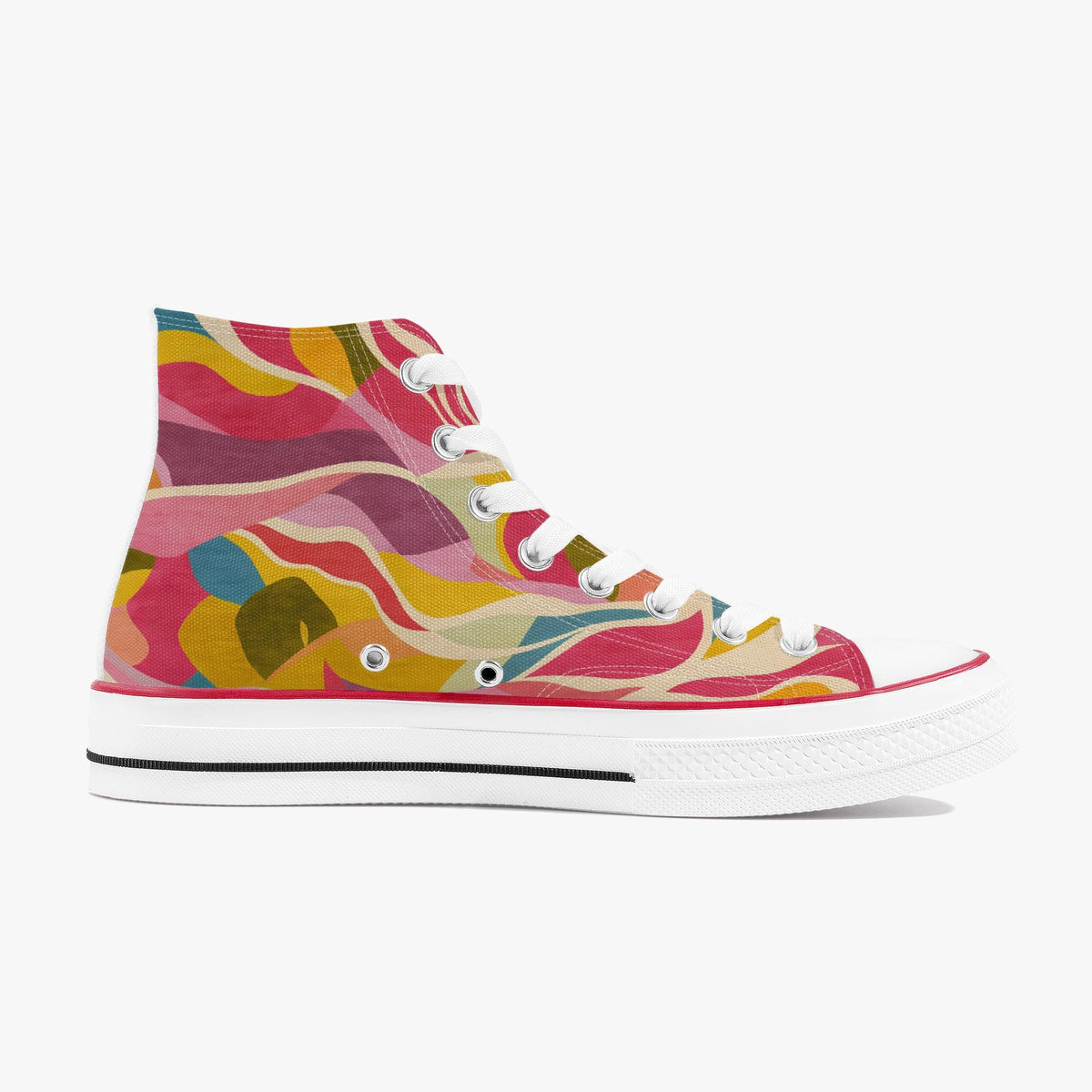A high-top canvas sneaker featuring a vibrant, multicolored abstract wavy pattern in pink, yellow, orange, green, and blue, with white laces, metal eyelets, and a white rubber sole.