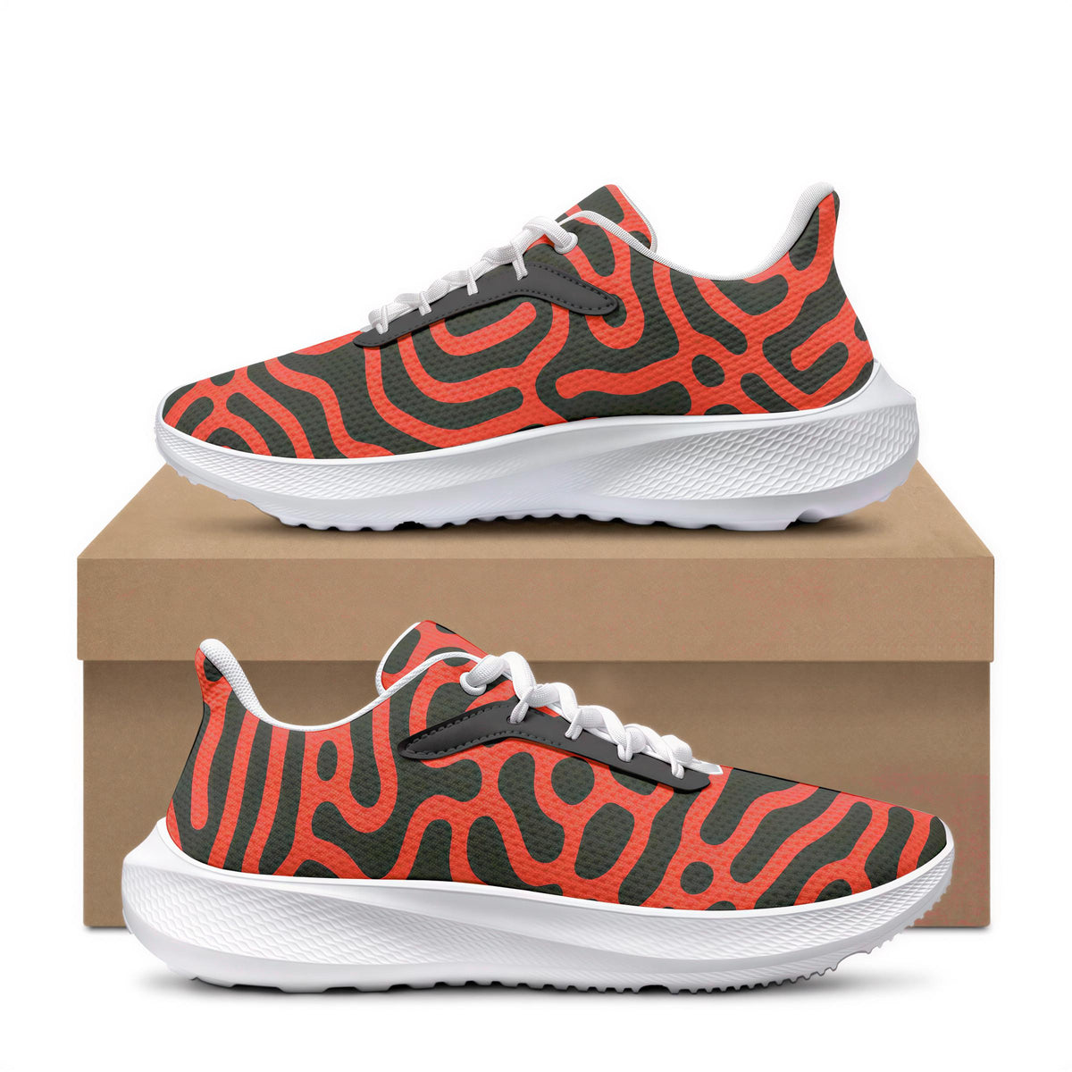 A pair of colorful, patterned sneakers with a bold, abstract design in orange and black.