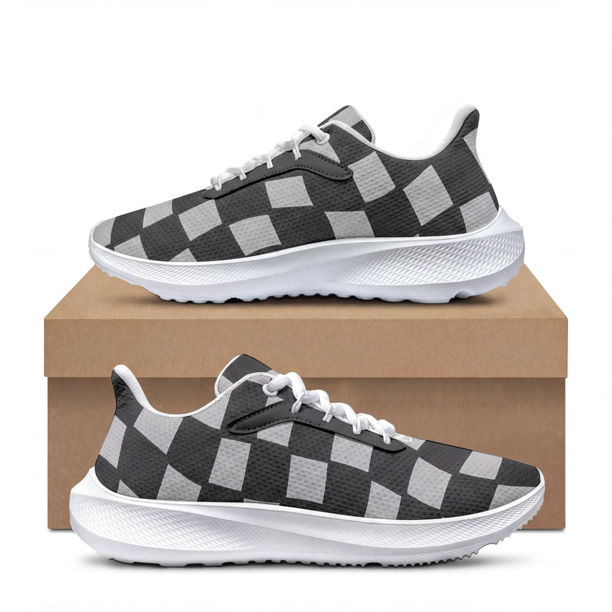 A pair of black and white checkered sneakers placed on top of a cardboard box.