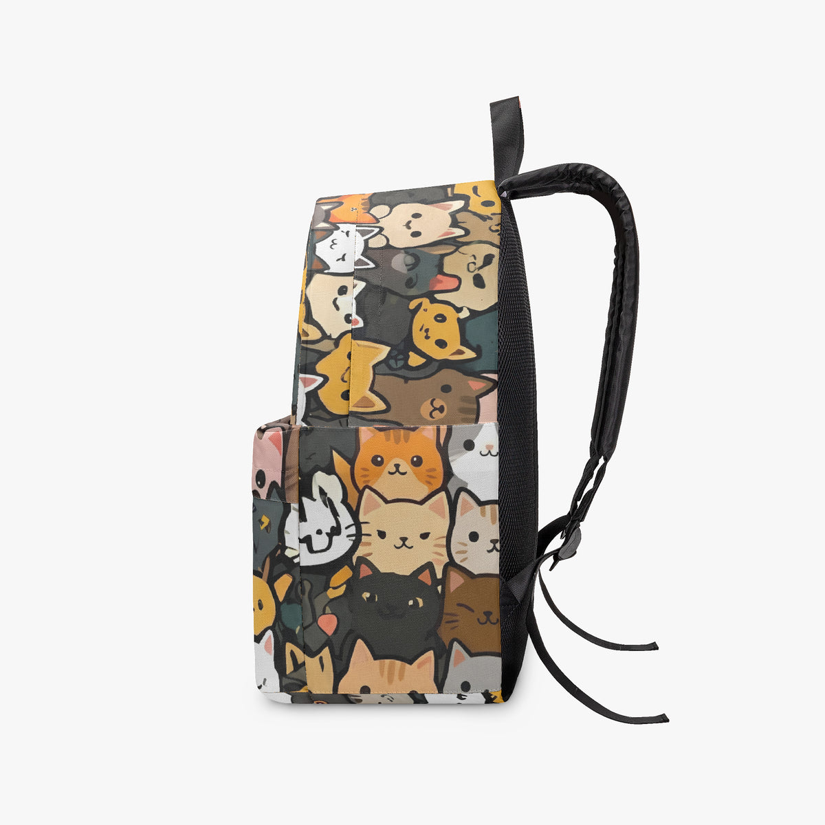 Side view of cat print backpack showing shoulder strap and side pocket
