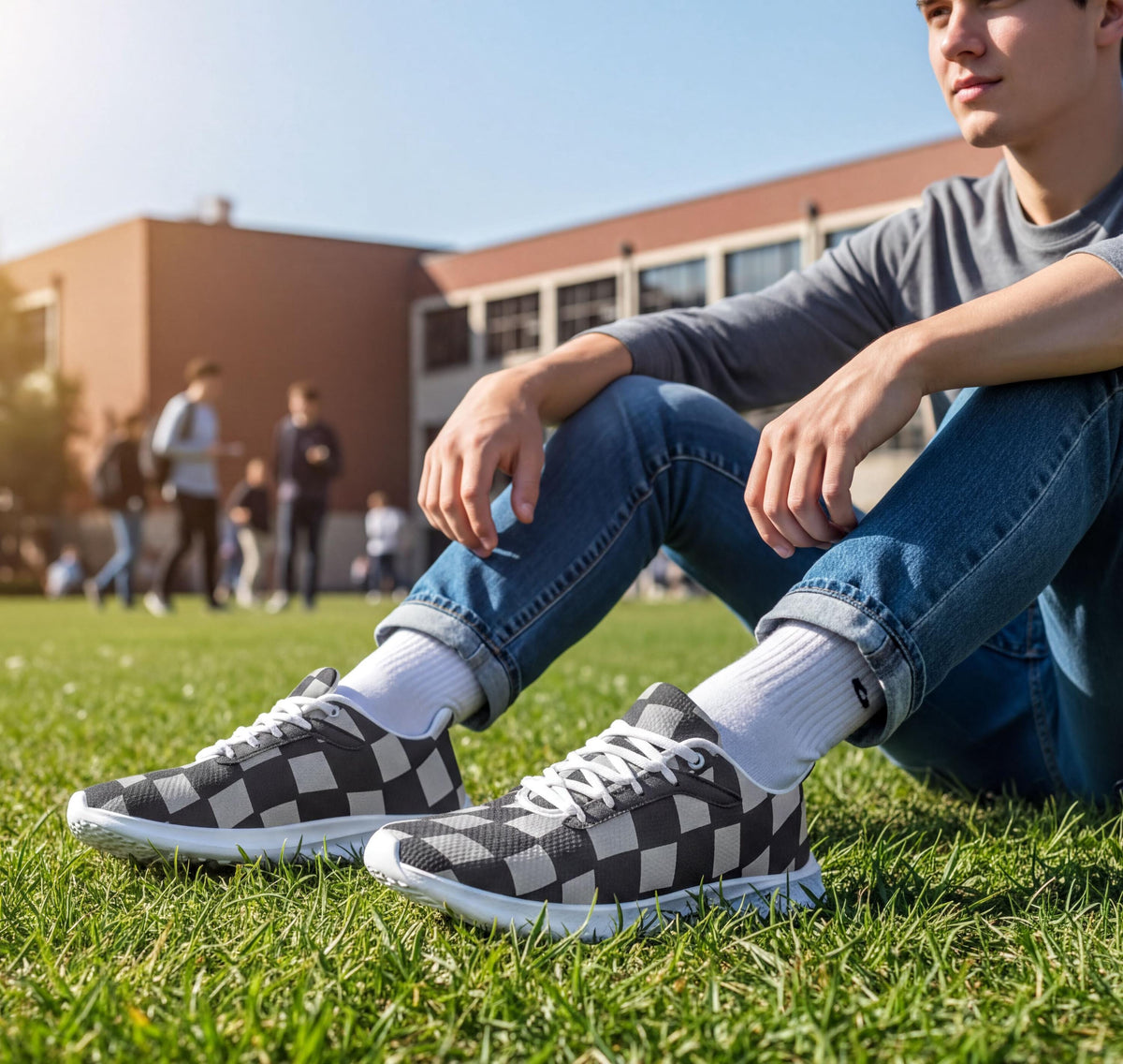 A person sitting on the grass wearing checkered sneakers and jeans, with a brick building in the background.