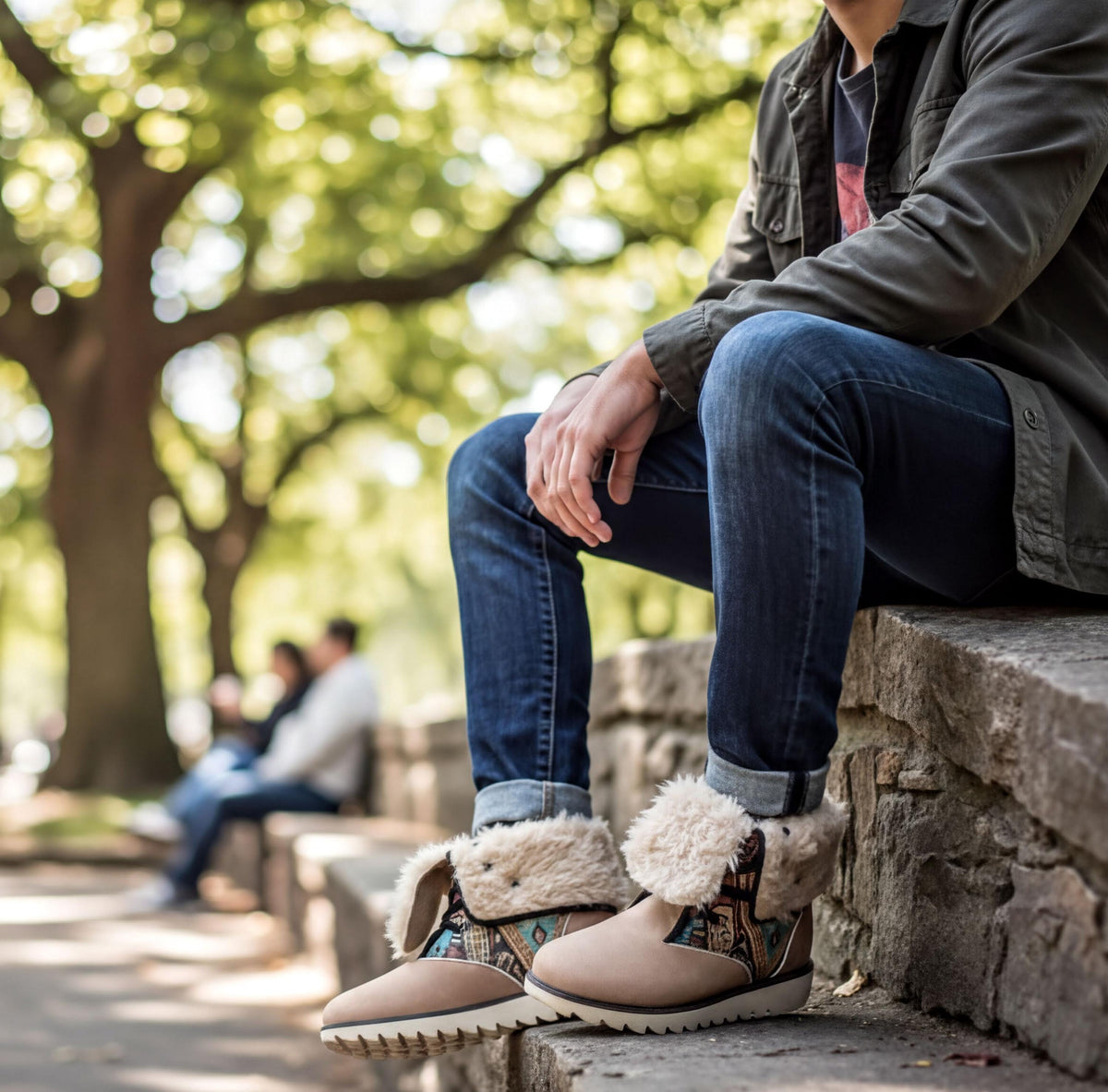A person sitting on a stone wall in a park, wearing a jacket and jeans, with their feet resting on a ledge.