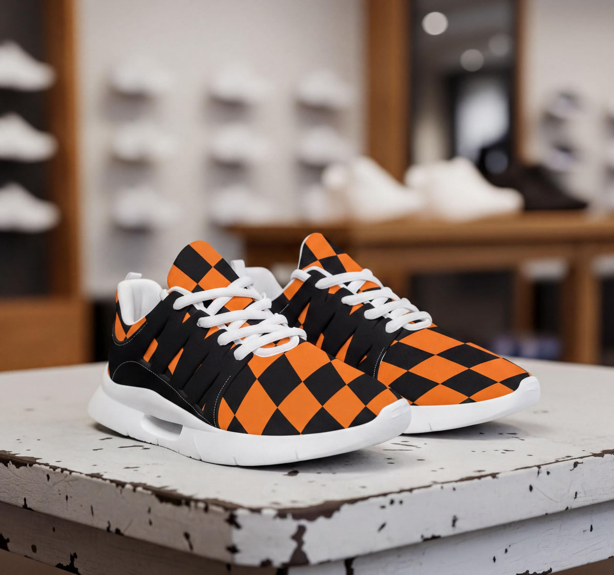 A pair of orange and black checkered sneakers is displayed on a white surface, with a blurred background that appears to be a store or showroom setting.