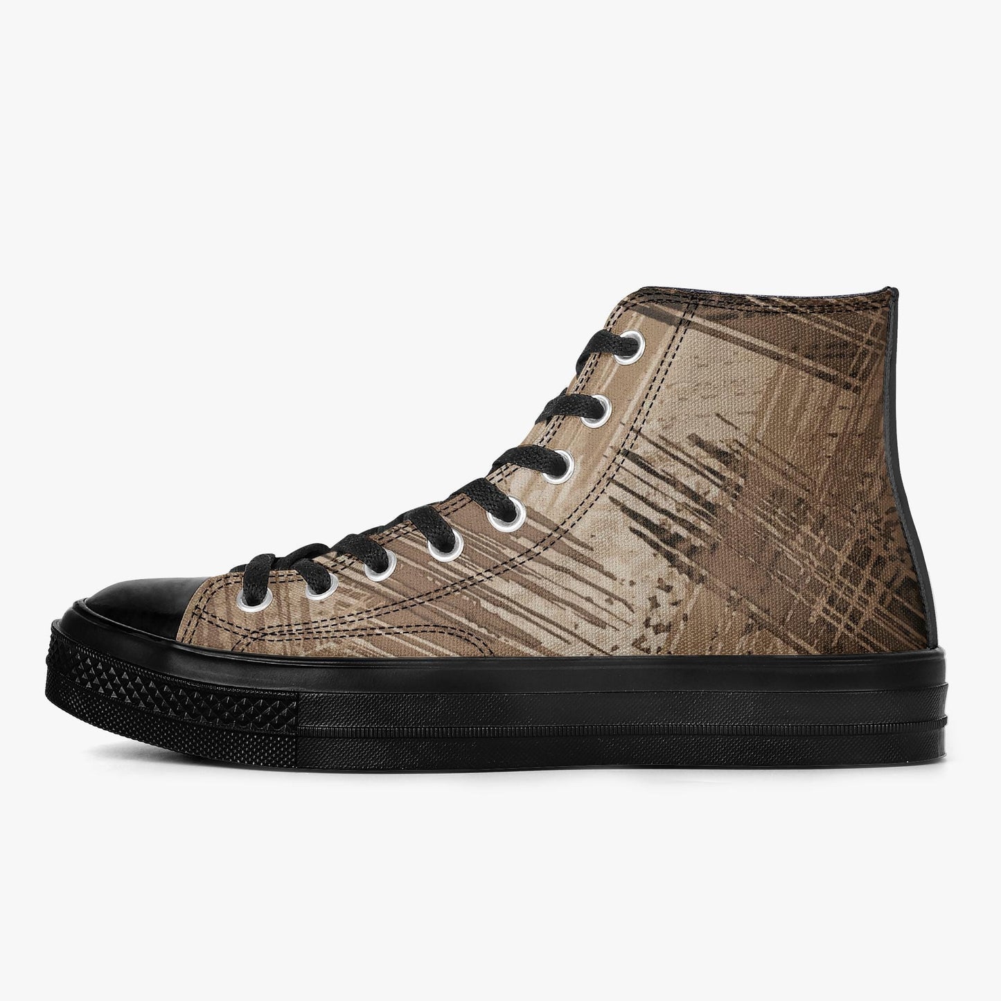 A brown and black high-top sneaker with a black sole and laces.