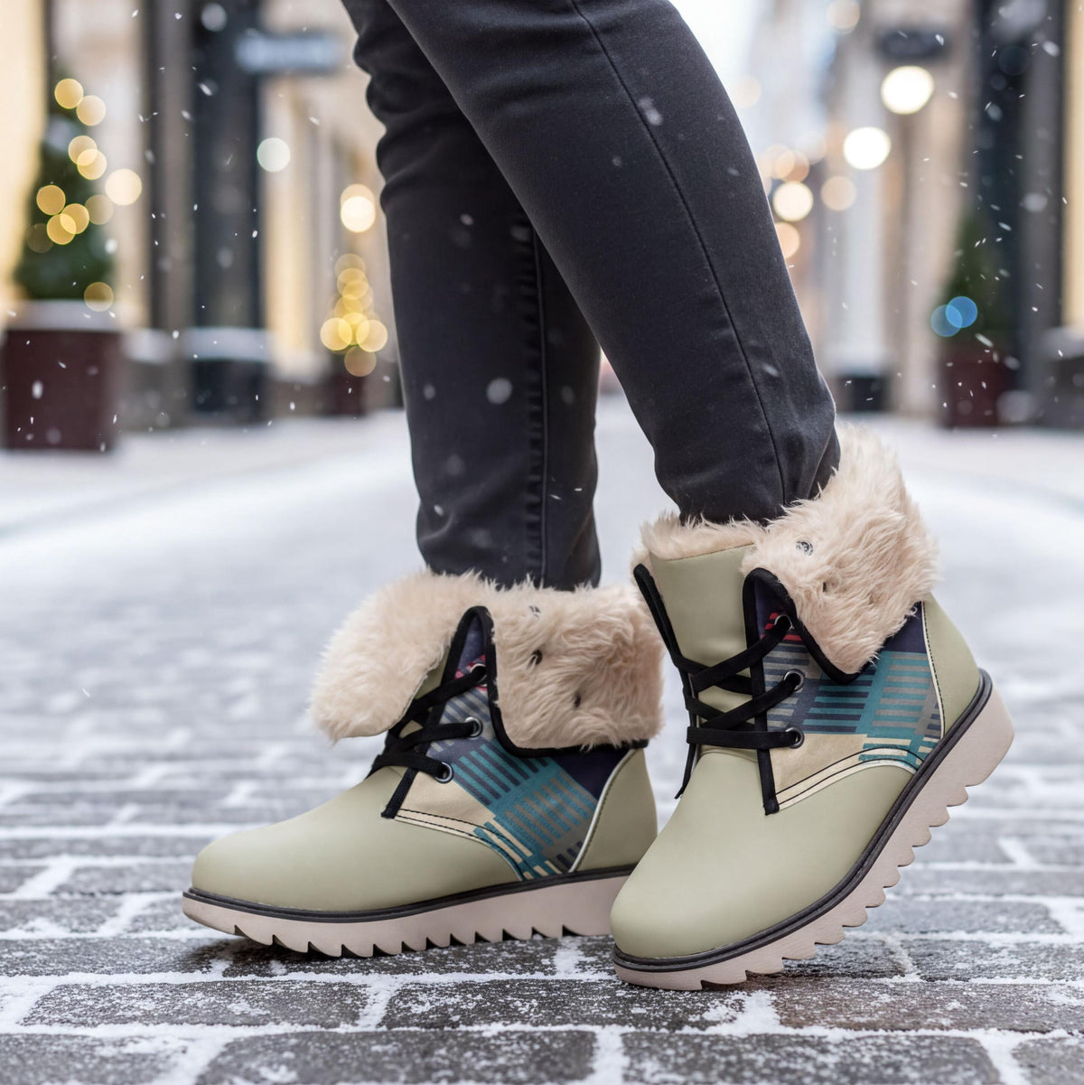 A person wearing gray pants and tan boots with fur trim is standing on a snowy sidewalk.