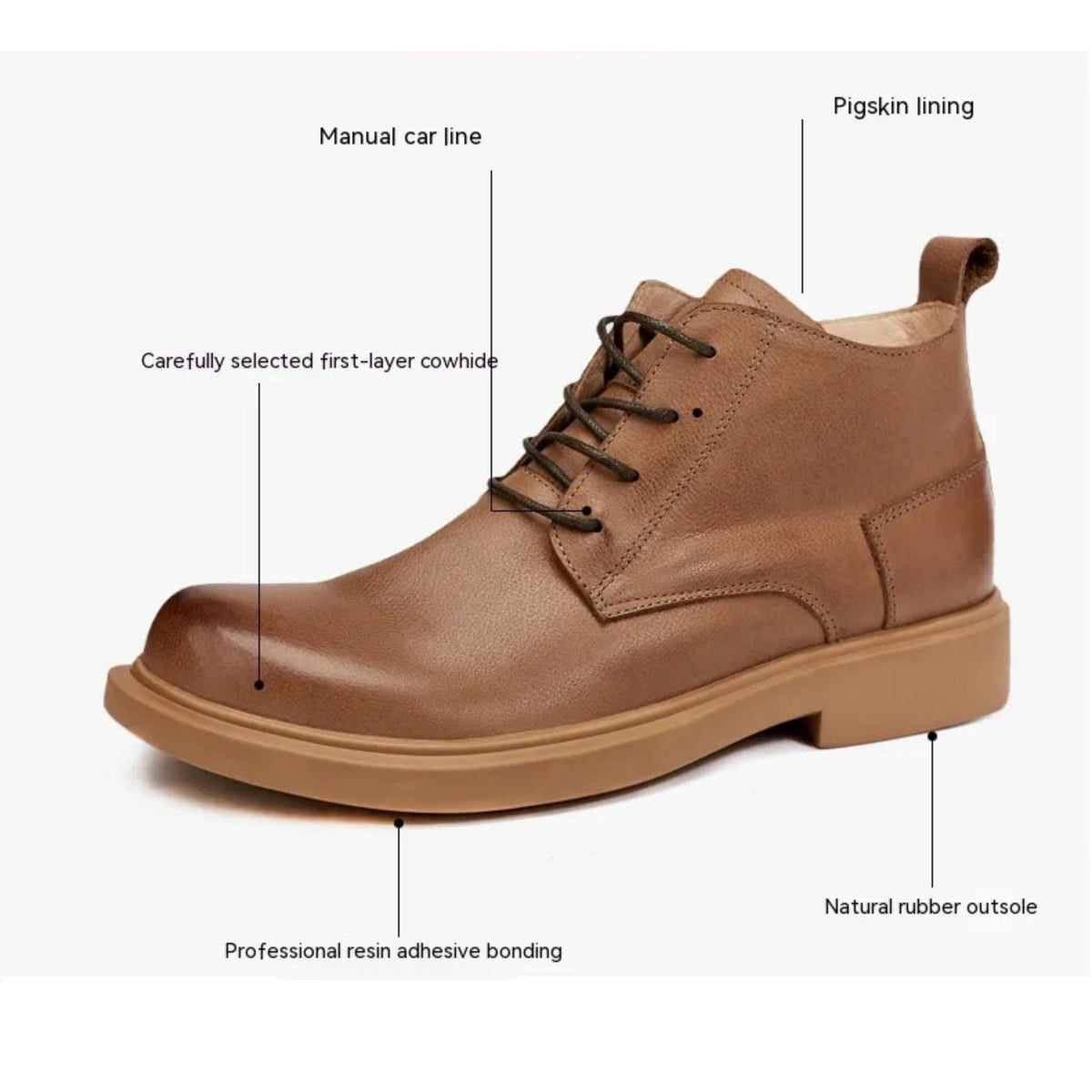 A close-up view of a brown leather shoe, highlighting its features such as the laces, sole, and lining.