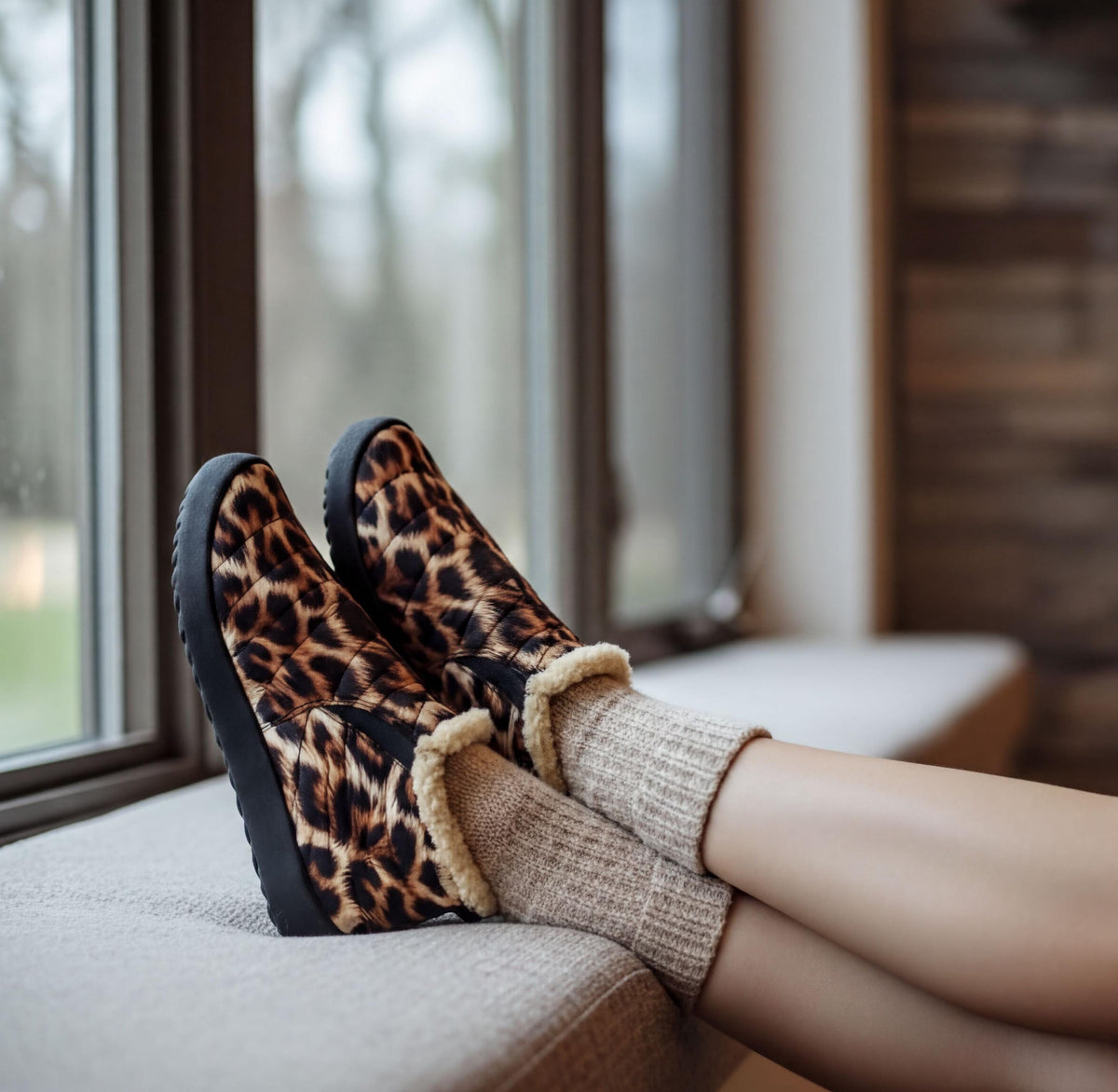 A pair of leopard print boots with fur lining are placed on a window sill, with a person's legs visible underneath.