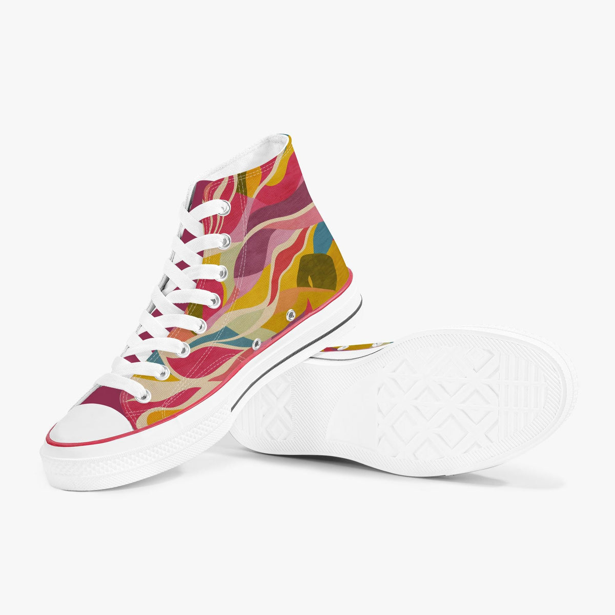 A pair of high-top canvas sneakers with a colorful abstract wavy pattern in pink, yellow, orange, and teal, featuring white laces, white rubber toe caps, and white soles.