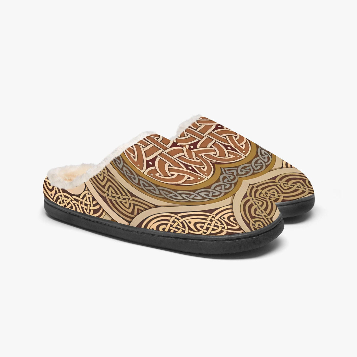 A pair of slippers with a decorative pattern on the upper part, featuring a mix of brown and beige colors.