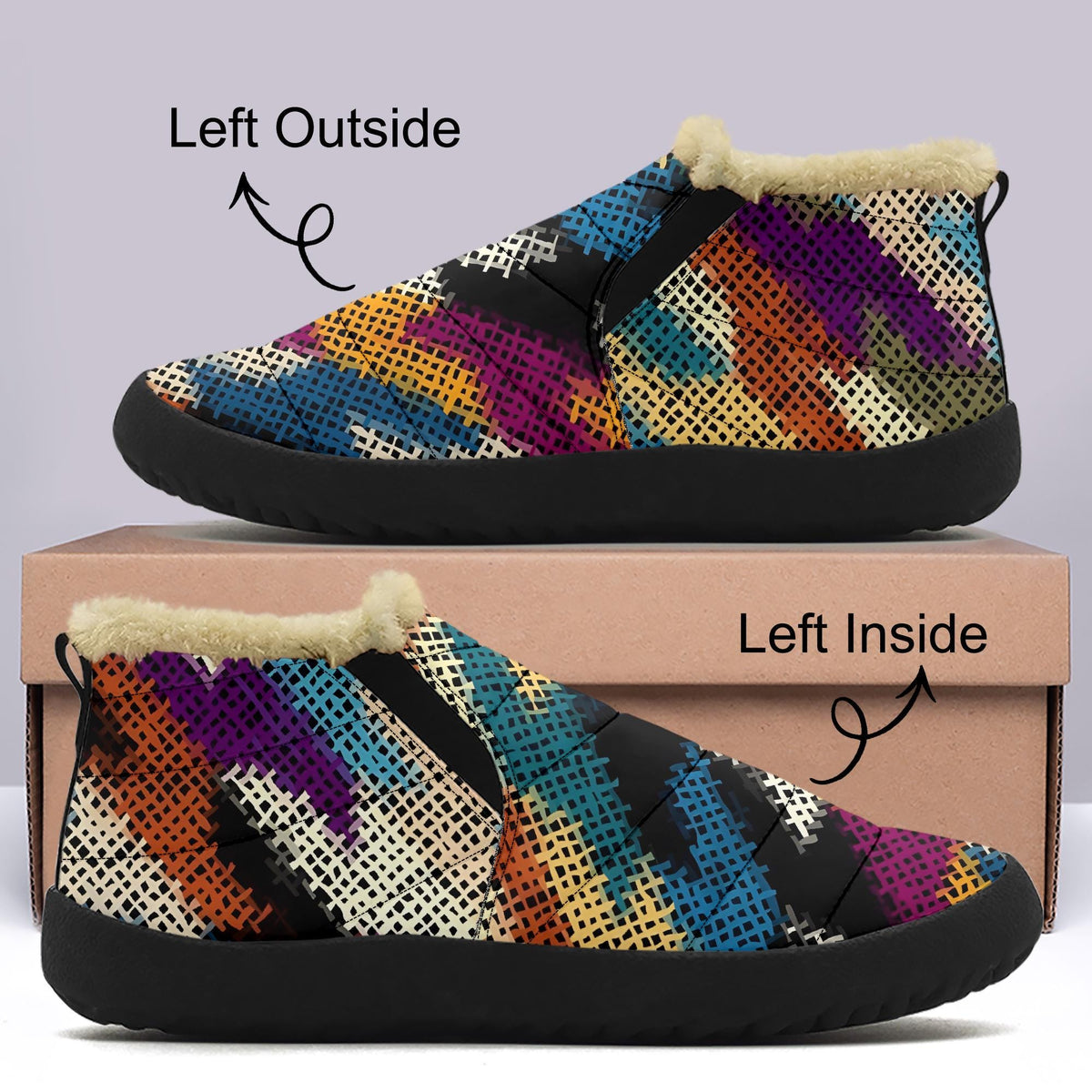 a pair of colorful, patterned shoes with fur trim, displayed on top of a box.