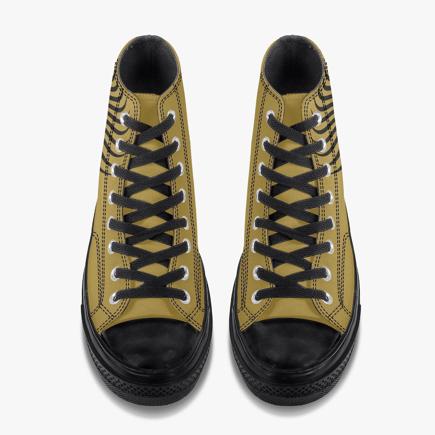 A pair of yellow and black high-top sneakers with black laces and soles.