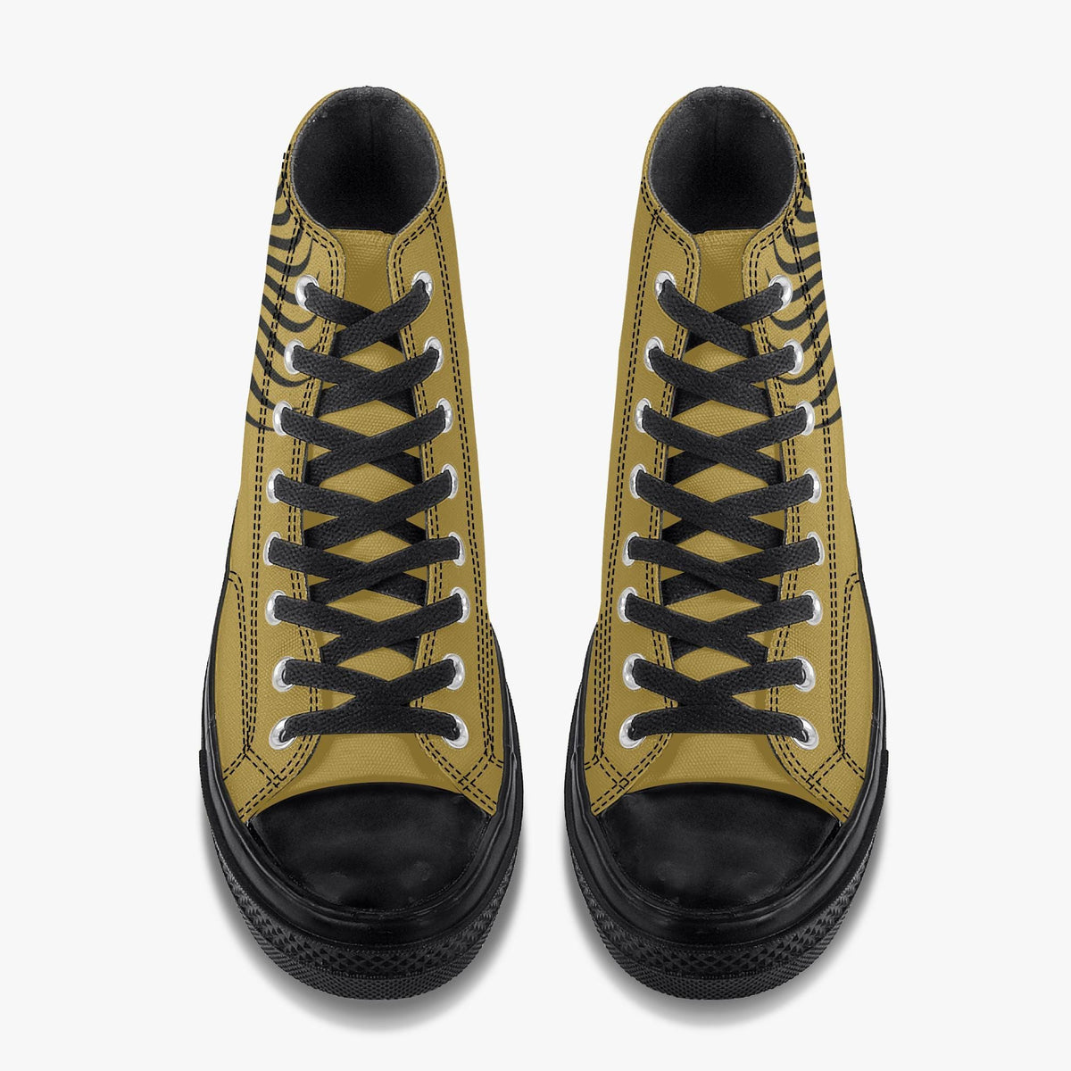 A pair of yellow and black high-top sneakers with black laces and soles.