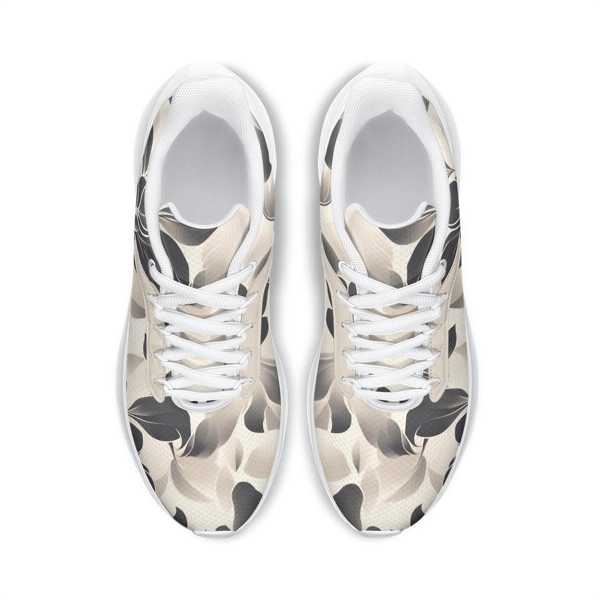 A pair of white sneakers with a black and white floral pattern on the side.