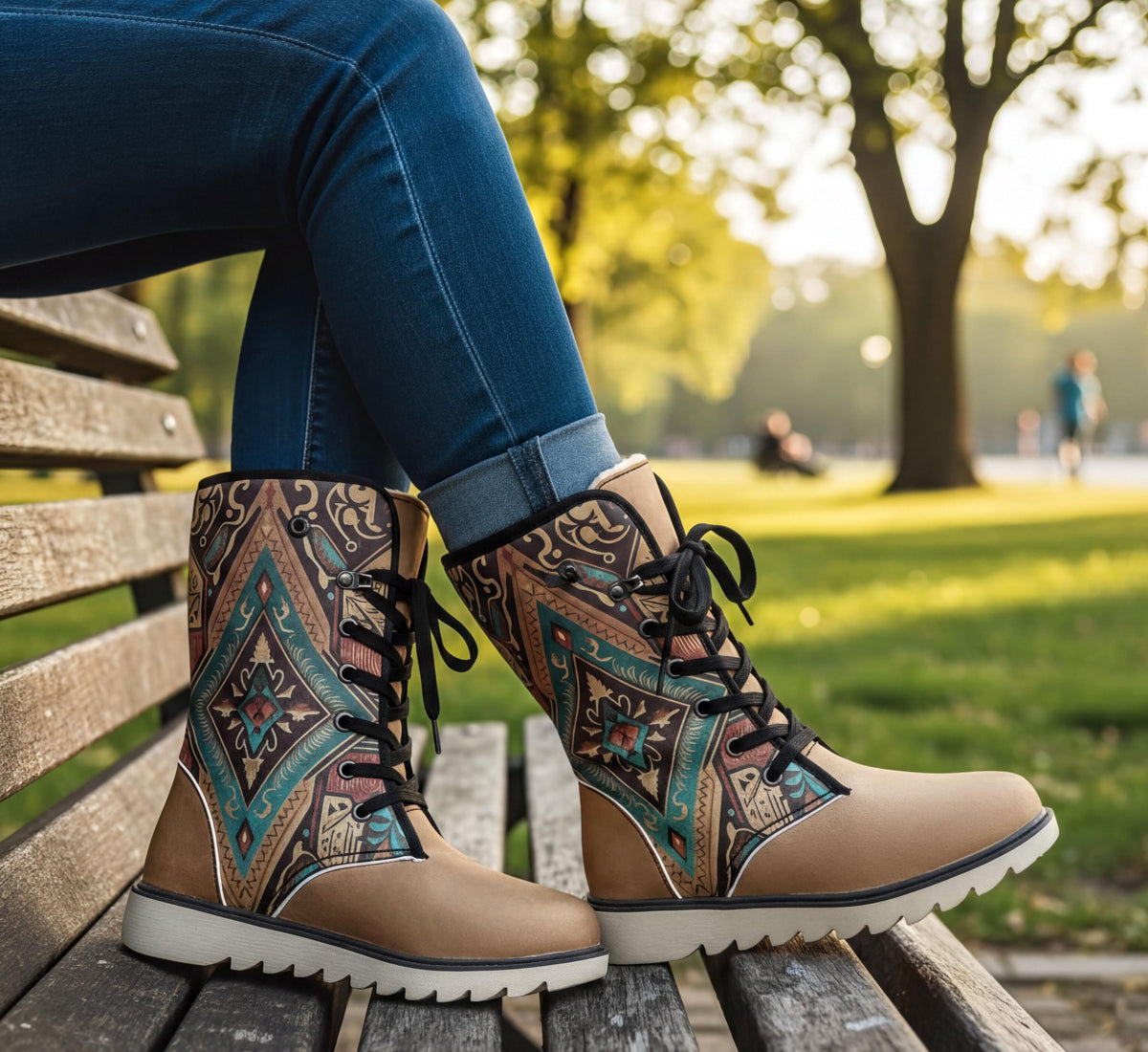 A person's legs wearing patterned boots are sitting on a wooden bench in a park.