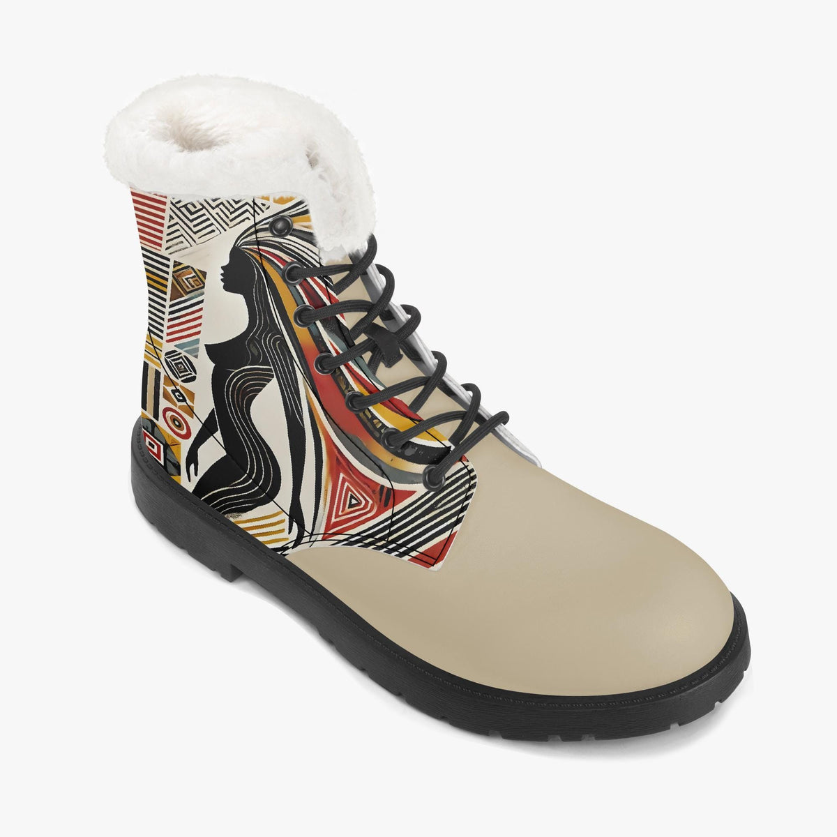 A beige boot with a white fur lining and a colorful abstract design on the side.