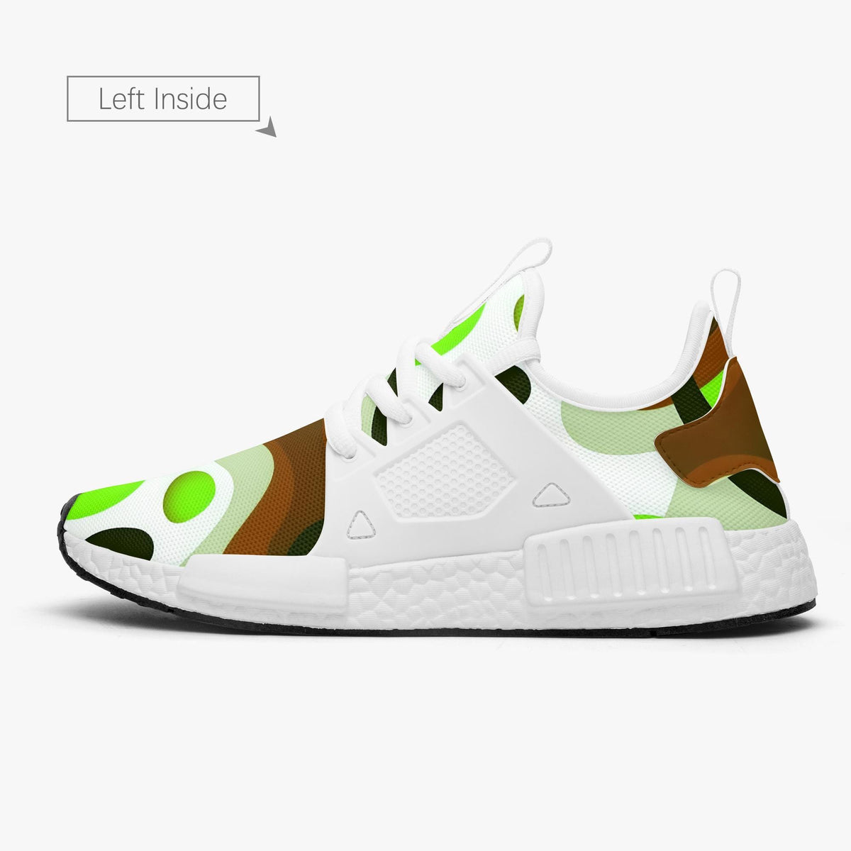 A white sneaker with a camouflage pattern on the side and a green and brown pattern on the sole.