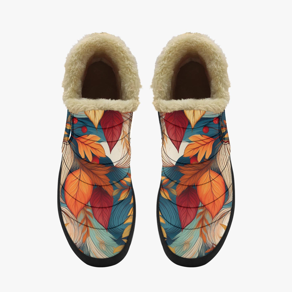 A pair of colorful, patterned boots with fur lining, featuring a vibrant design of autumn leaves in shades of orange, yellow, and green.