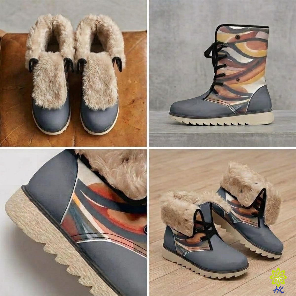Close-up van de faux fur schacht, zwarte veters en bedrukt bovenwerk van de winterlaars