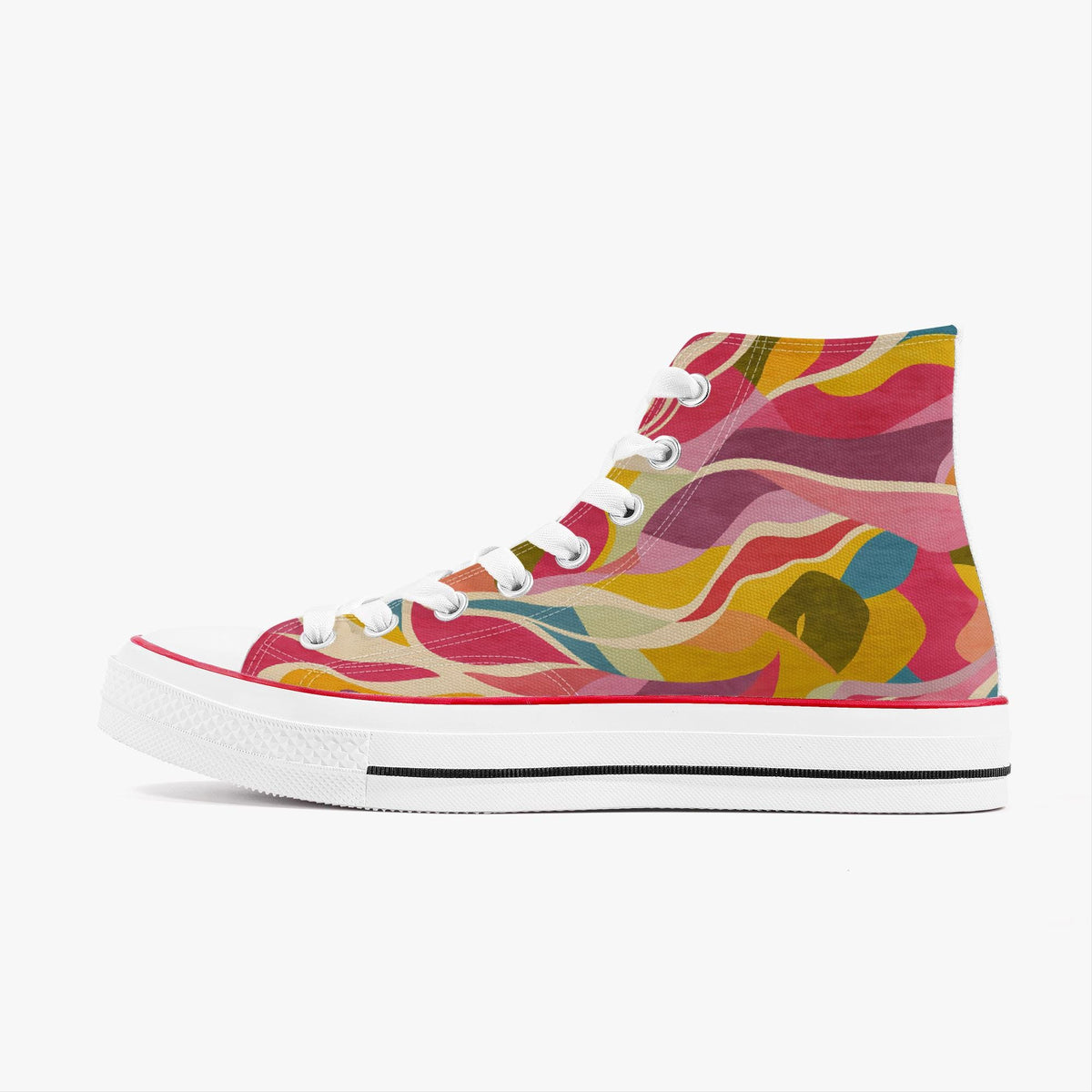 A single high-top sneaker with a vibrant multicolor abstract wavy pattern in pink, yellow, red, blue, and beige, featuring white laces, a white rubber toe cap, and a white platform sole.