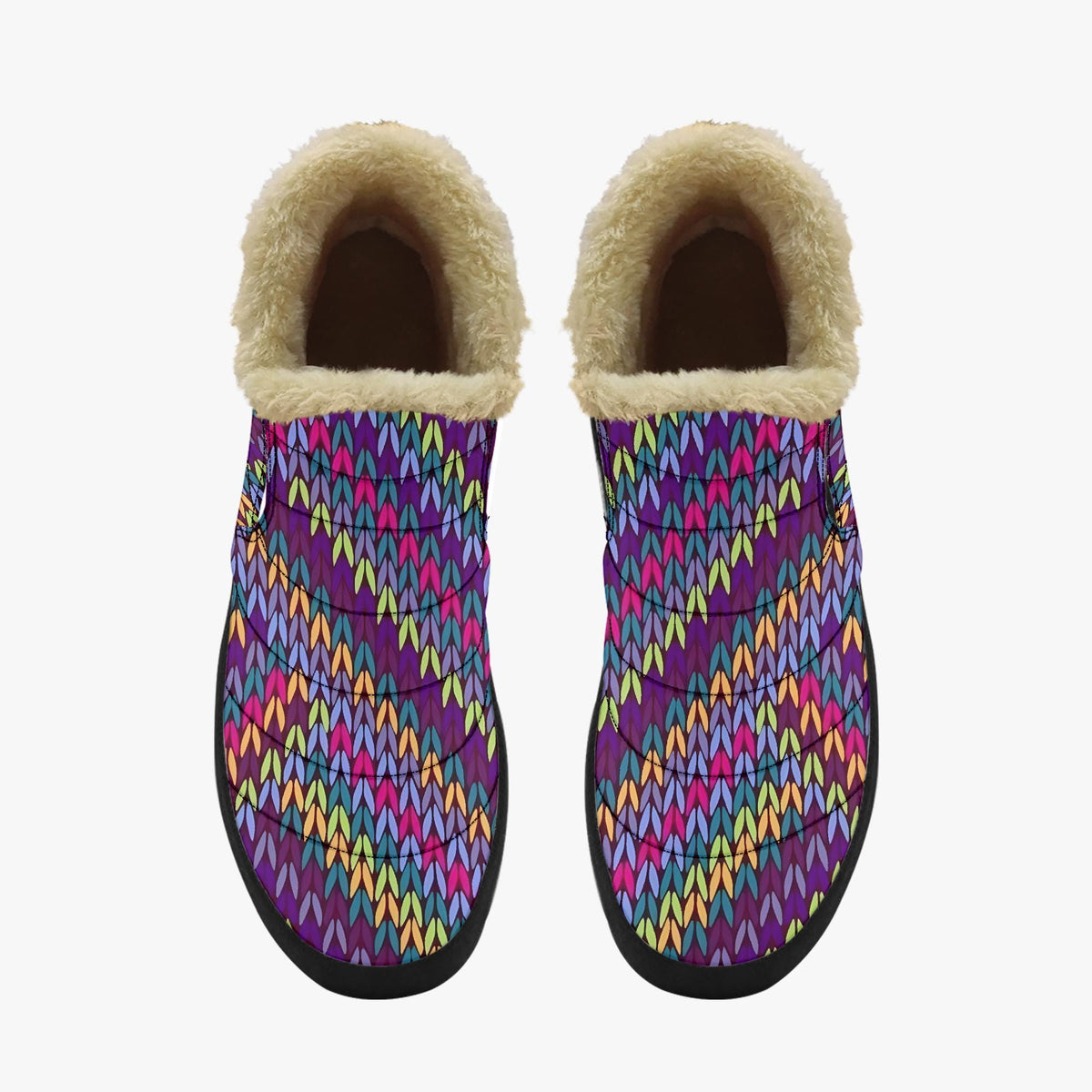A pair of colorful, patterned slippers with a furry lining.