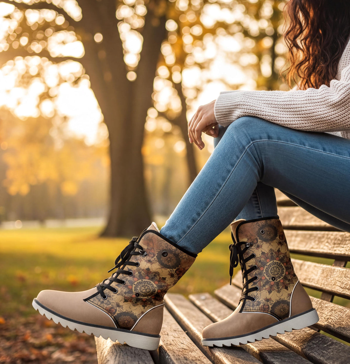 A woman sits on a bench in a park, wearing a white sweater and floral patterned boots, with trees and a warm, golden glow in the background.