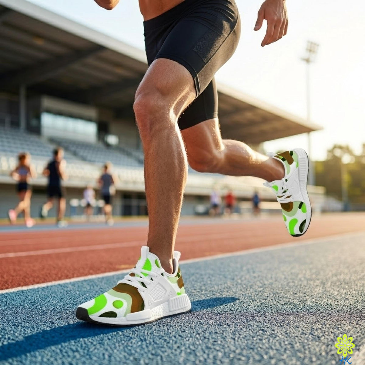 A person wearing green and white sneakers is running on a track, with other people visible in the background.