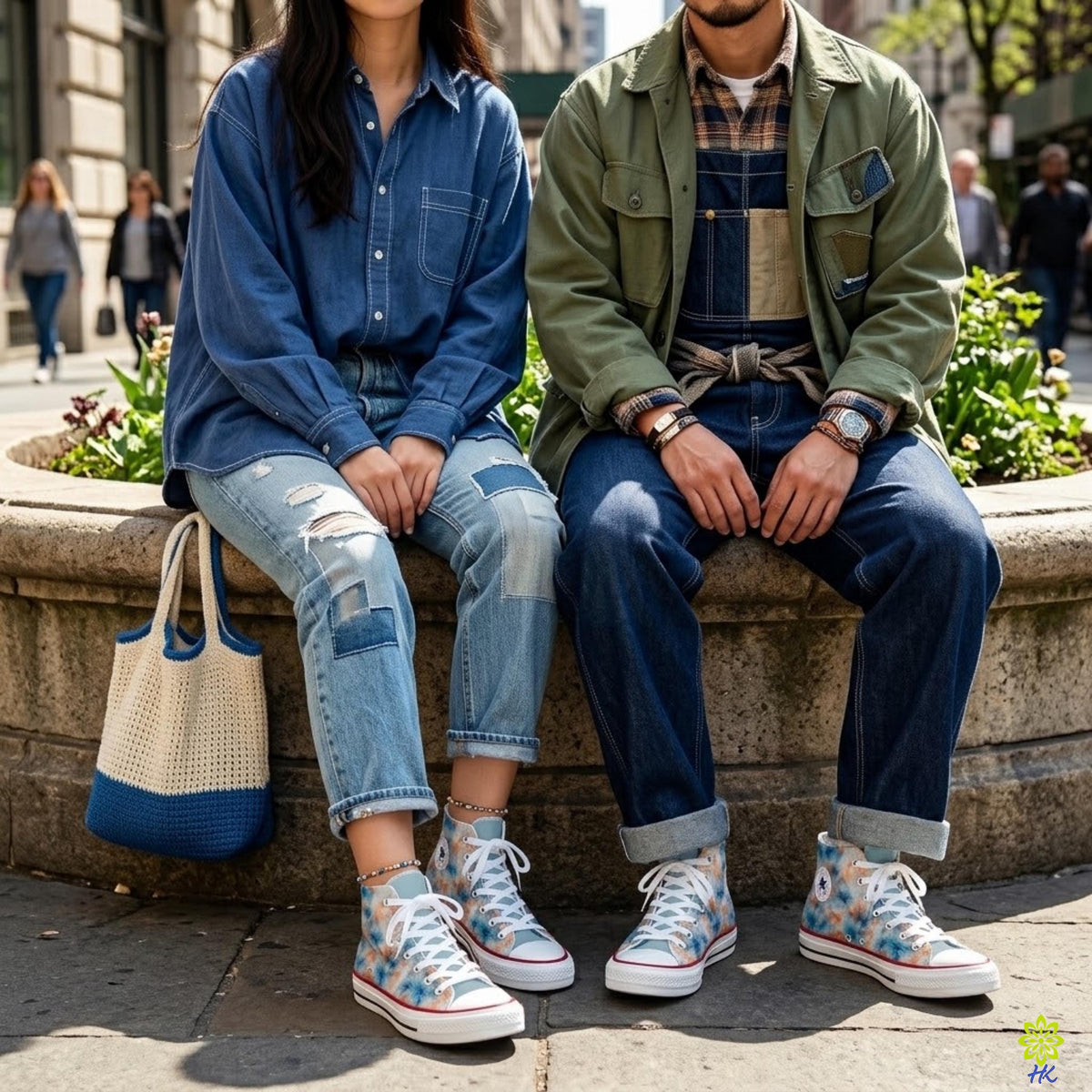 Twee personen zittend buiten met bloemen canvas high-top sneakers en spijkerbroek