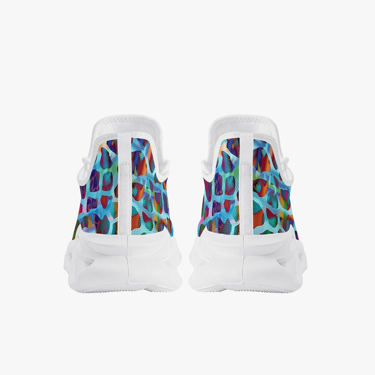 A pair of white sneakers shown from the back, featuring a colorful abstract pattern on the heel panels with turquoise, purple, red, and orange shapes.