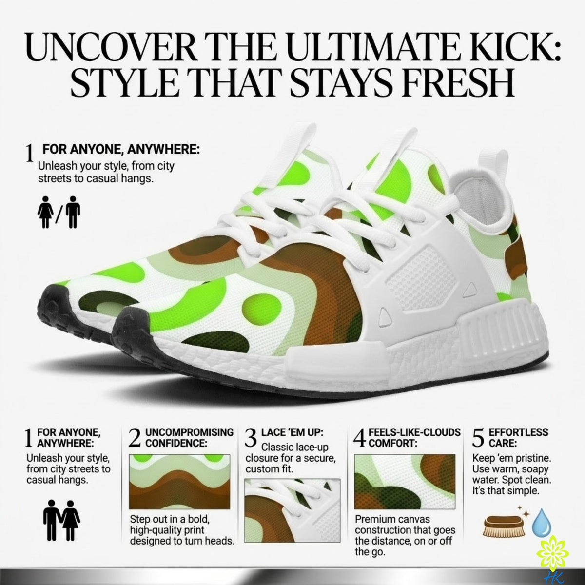 The image is a promotional graphic for a product called "Uncover the Ultimate Kick: Style that Stays Fresh". It features a pair of sneakers with a camouflage pattern, highlighting their unique design and comfort features.