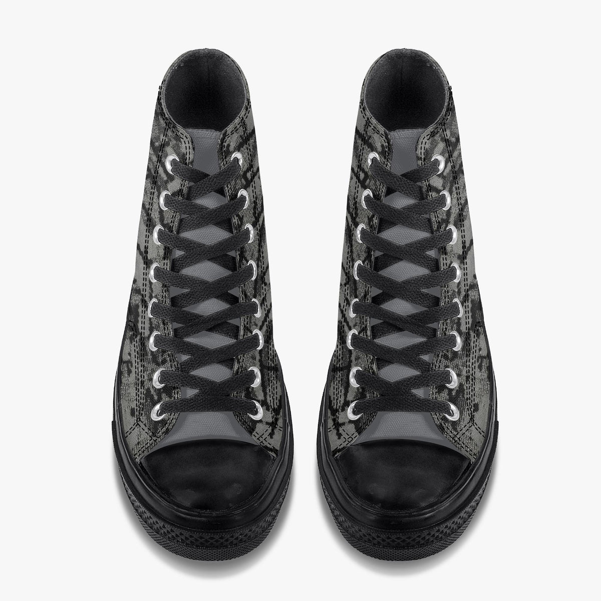 A pair of black and gray high-top sneakers with black laces and soles.