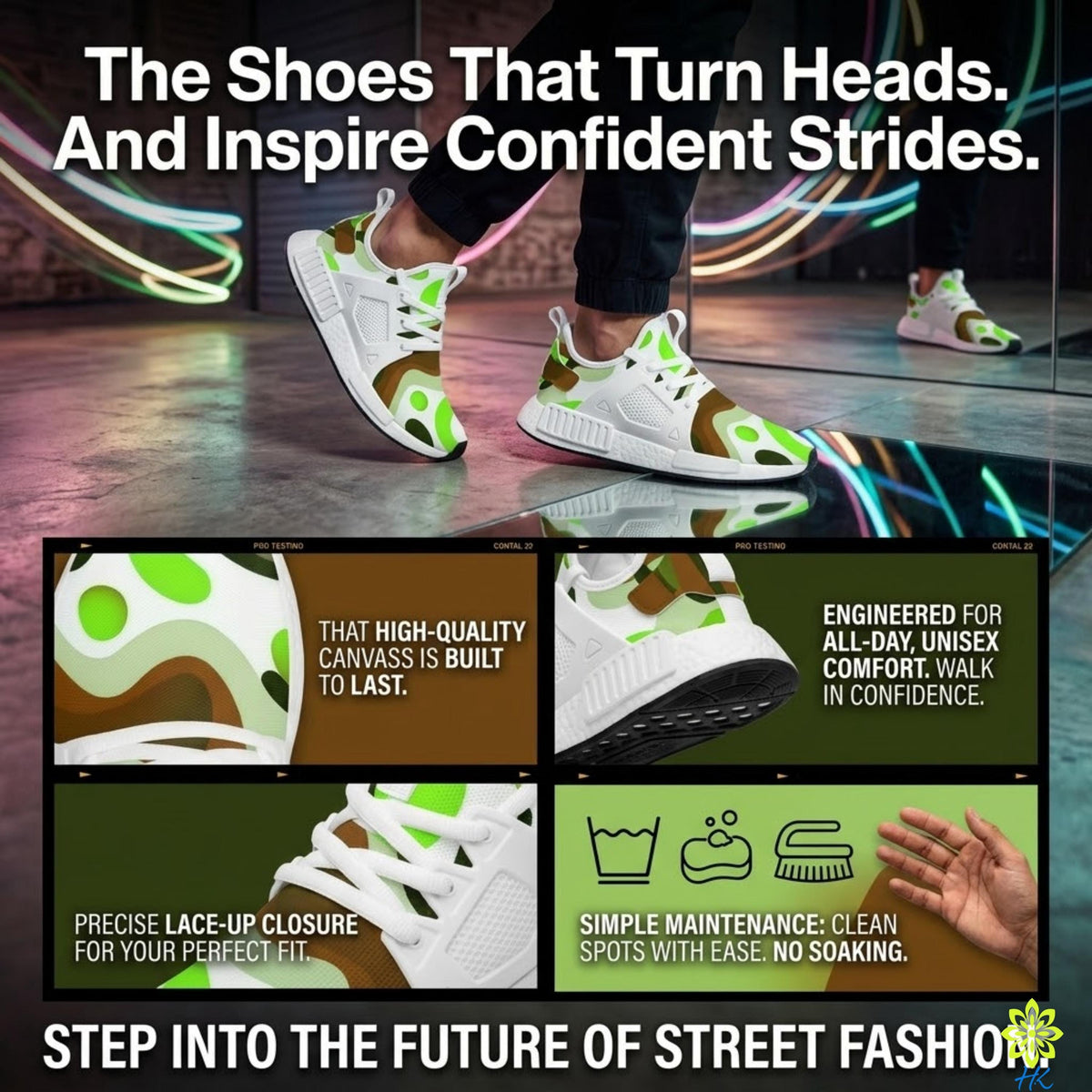 The image is a collage of four images featuring a pair of sneakers with a unique green and brown pattern. The collage includes close-up shots of the sneakers, a reflection of the sneakers in a mirror, and a hand washing demonstration. The collage also includes text descriptions of the sneakers' features, such as the high-quality canvas and the lace-up closure.