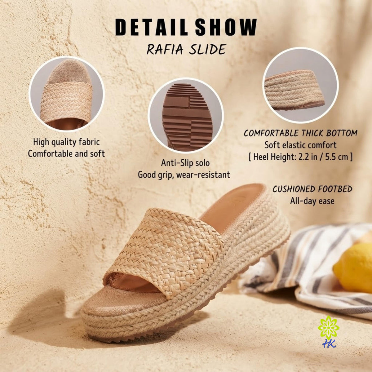 A woven beige slide sandal shown on a sandy surface with marketing text and detail callouts. The image highlights the high-quality fabric, anti-slip sole, thick cushioned bottom, and overall comfort.