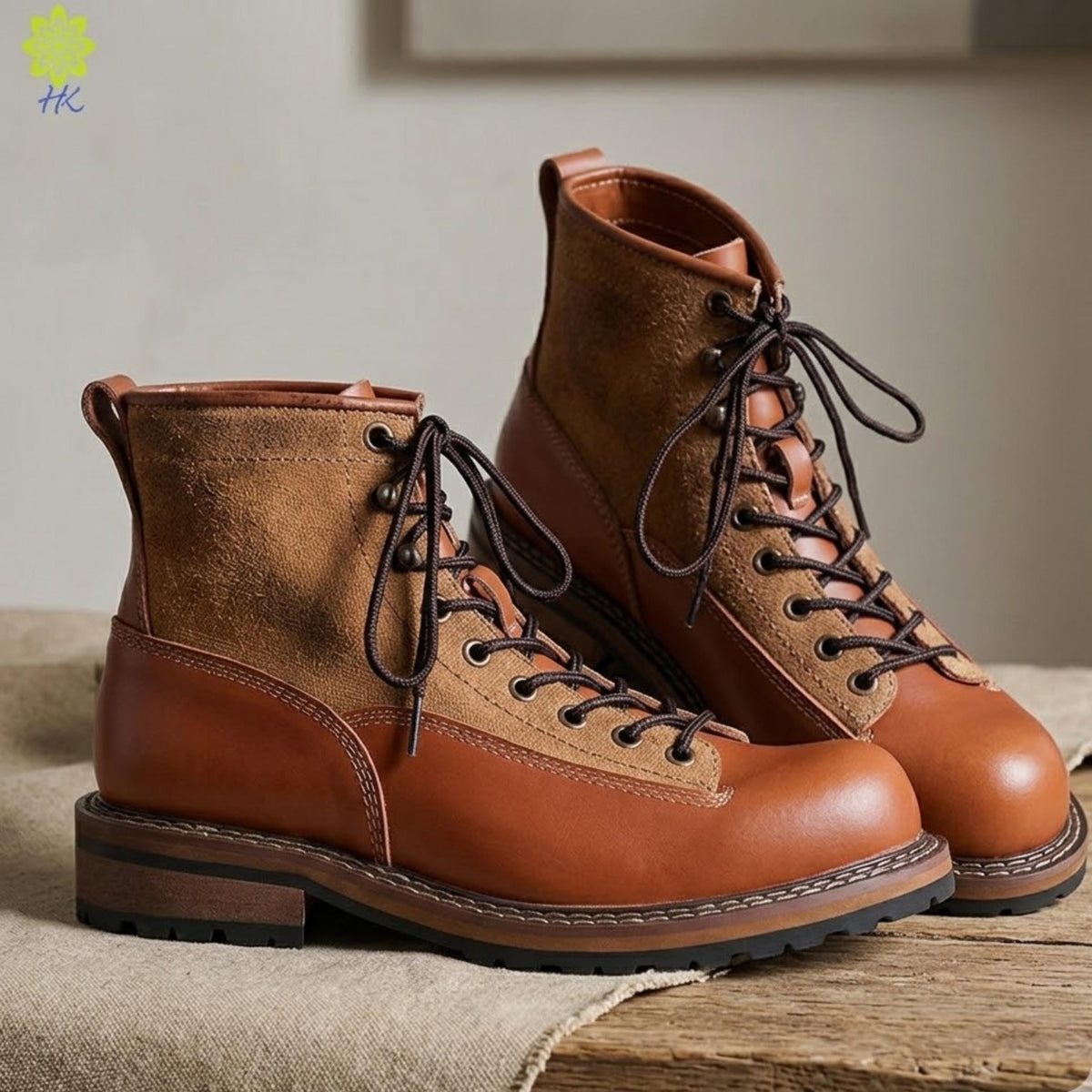 A pair of brown leather boots with laces and a chunky sole, displayed on a wooden surface.