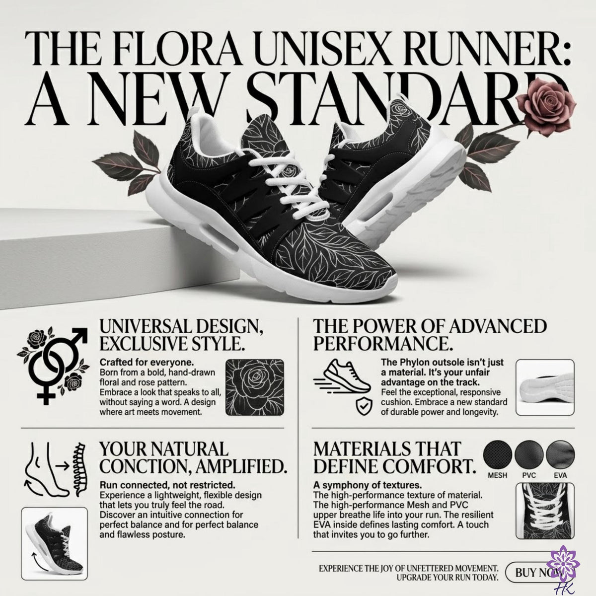 The image is an advertisement for a new unisex runner, highlighting its unique design, advanced performance, and comfortable materials.