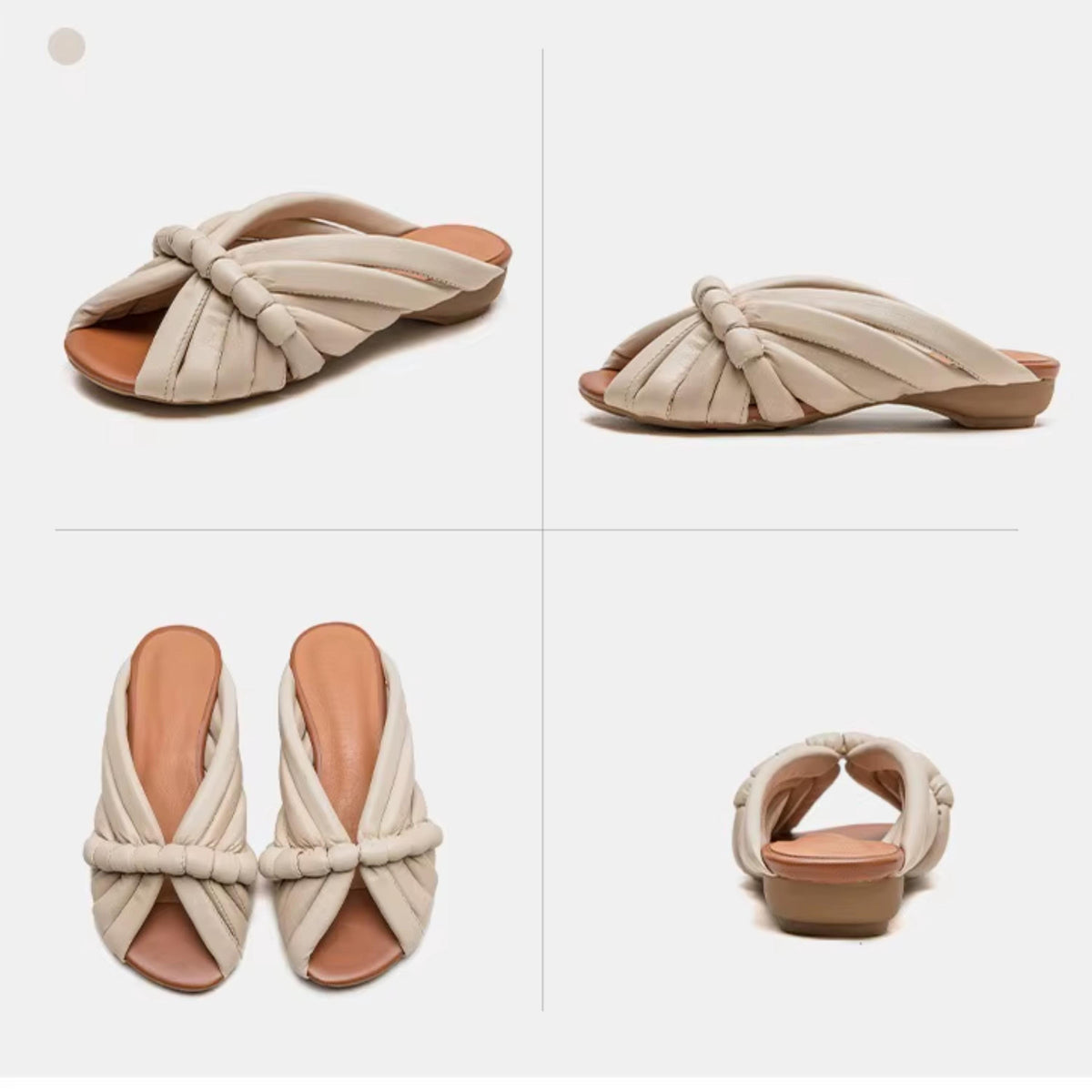 The image is a collage of four photos showcasing different views of a pair of beige, knotted slippers or sandals.
