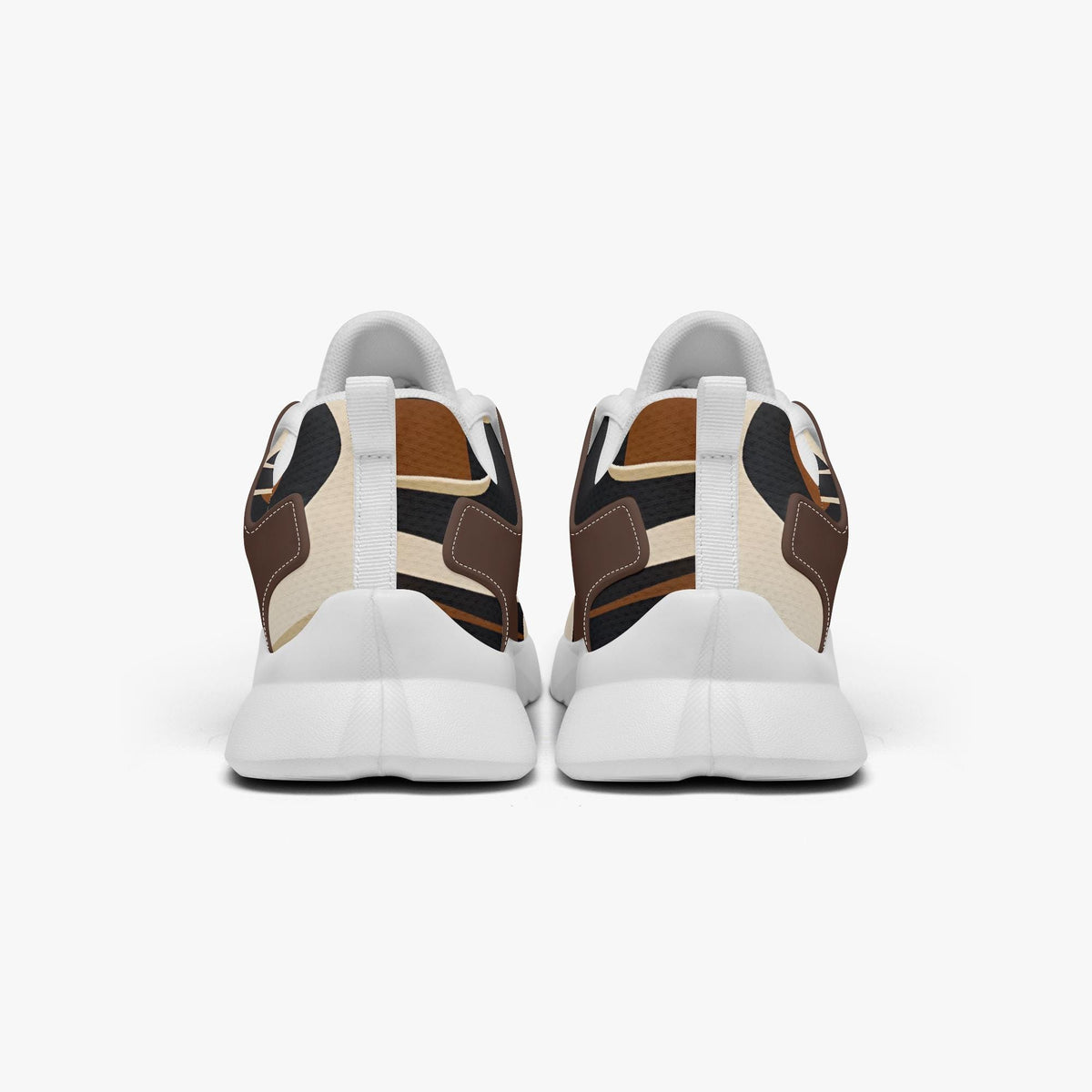 A pair of white sneakers with a colorful, abstract pattern on the back.