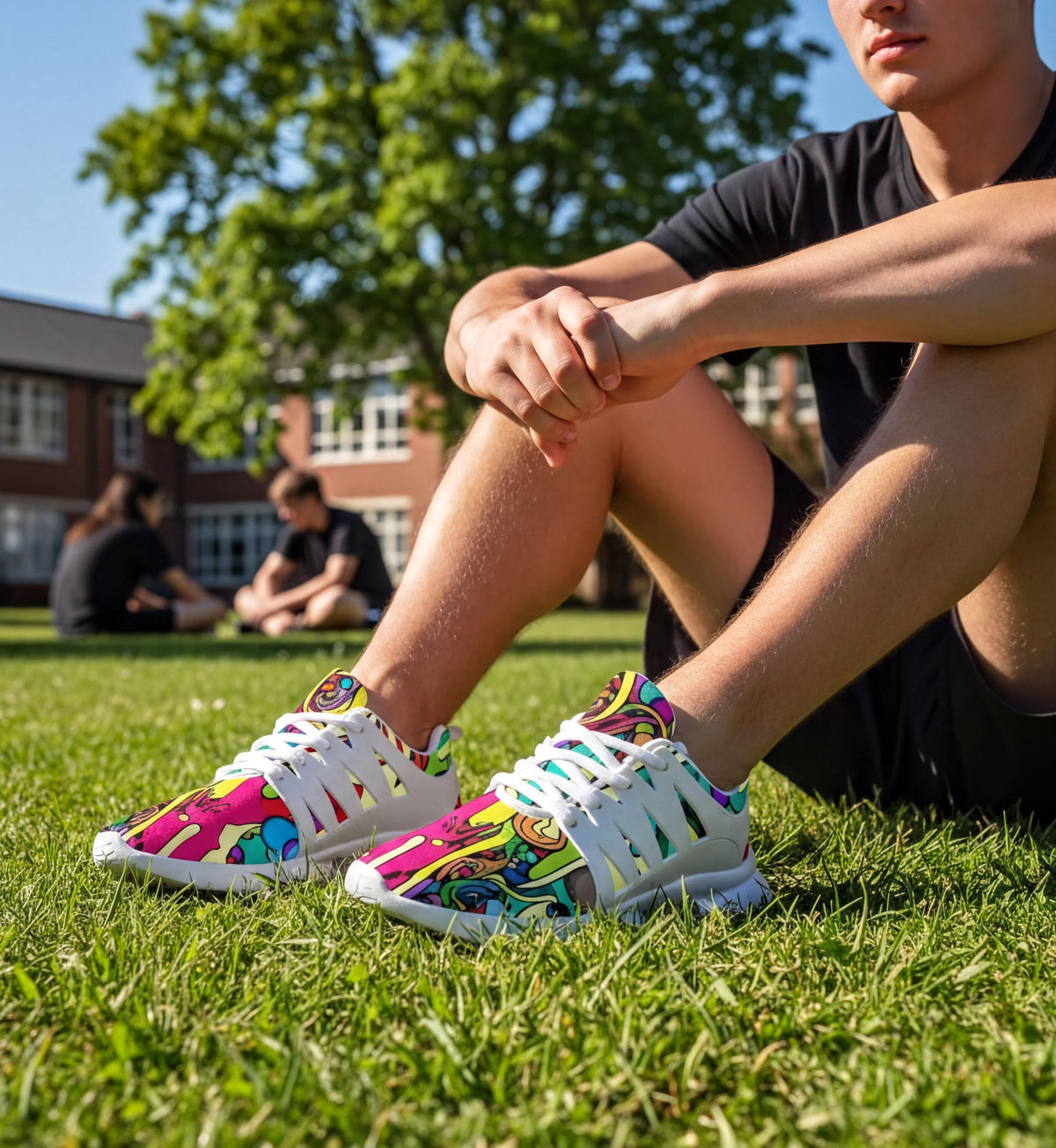 A person sitting on the grass wearing colorful sneakers, with other people visible in the background.