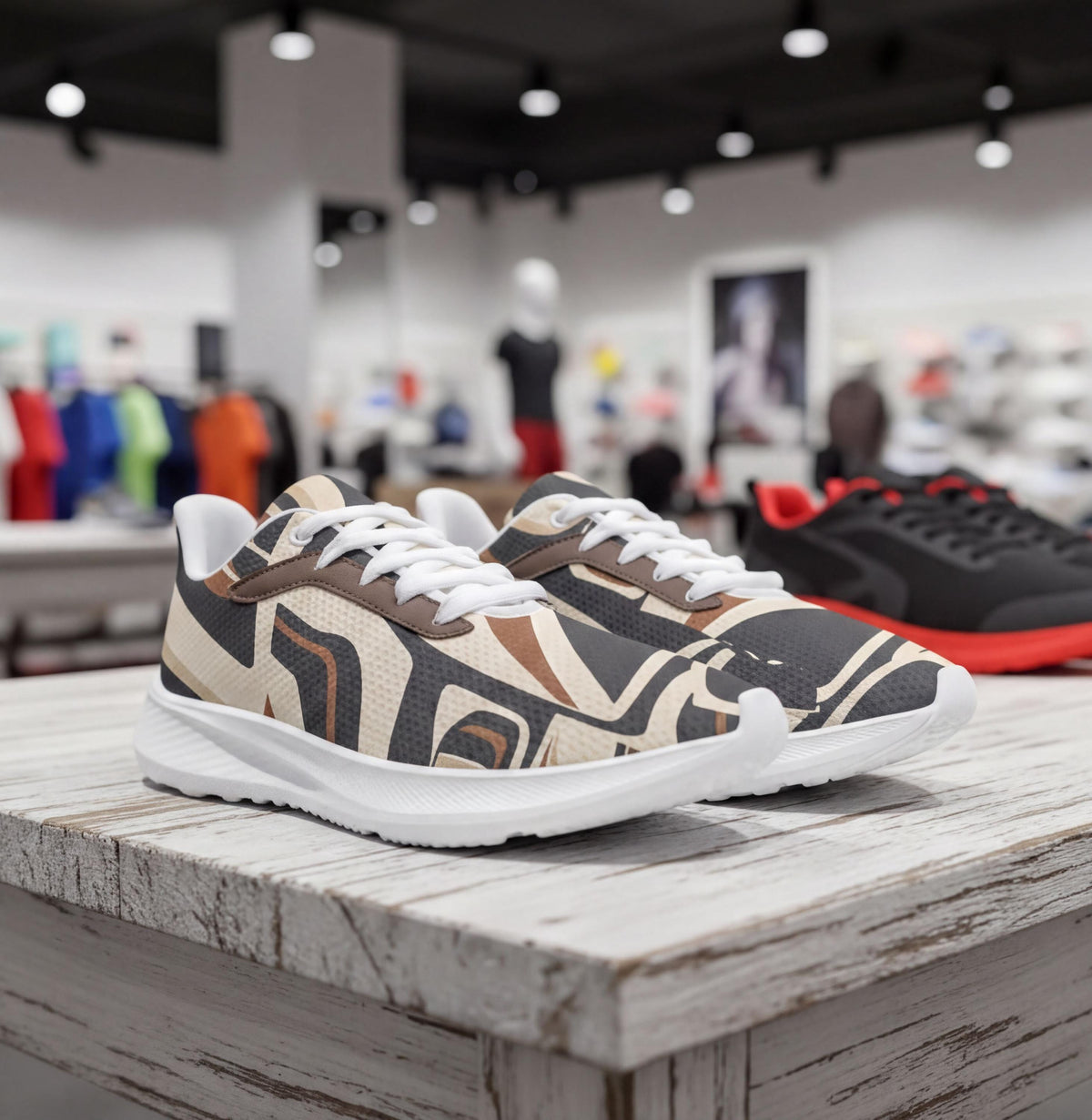 A pair of patterned sneakers is displayed on a wooden table in a retail store, with various clothing items visible in the background.