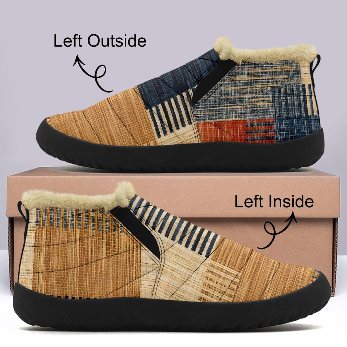 a pair of shoes with a colorful, textured pattern, including a left and right side view.