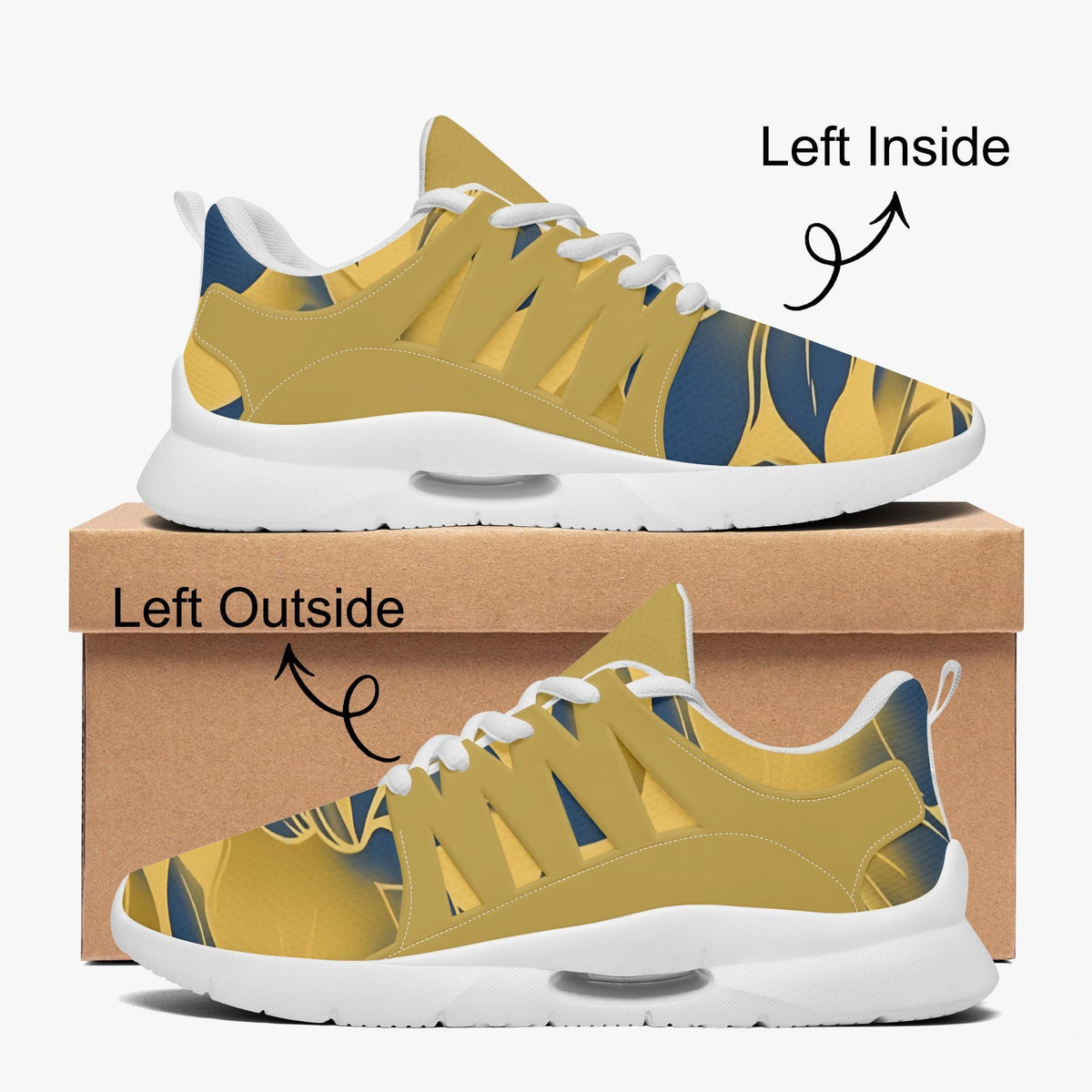 a pair of yellow and blue sneakers with a floral pattern, displayed on top of a cardboard box.