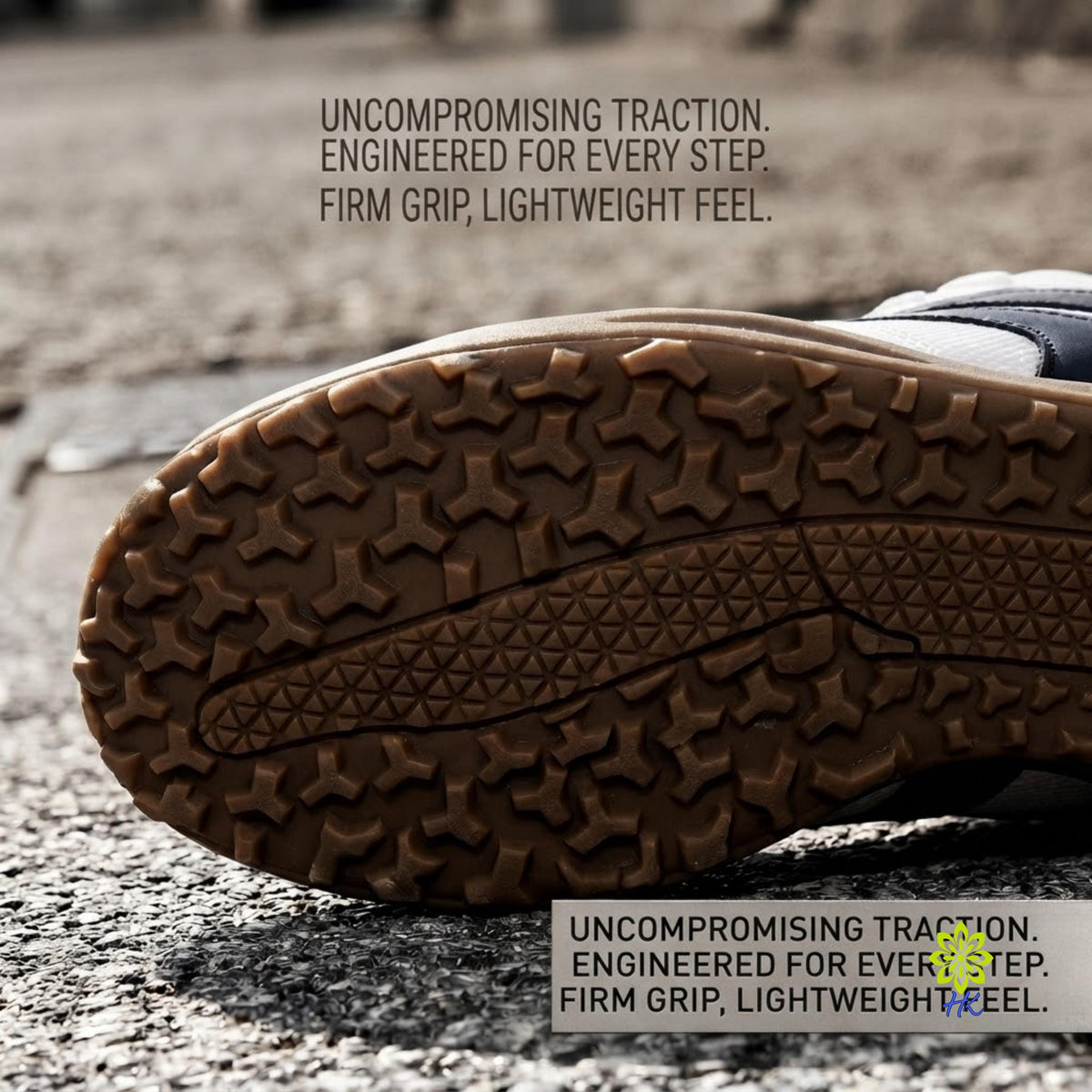 Close-up of the treaded brown outsole of a sneaker resting on asphalt, with overlaid marketing text about traction and grip.