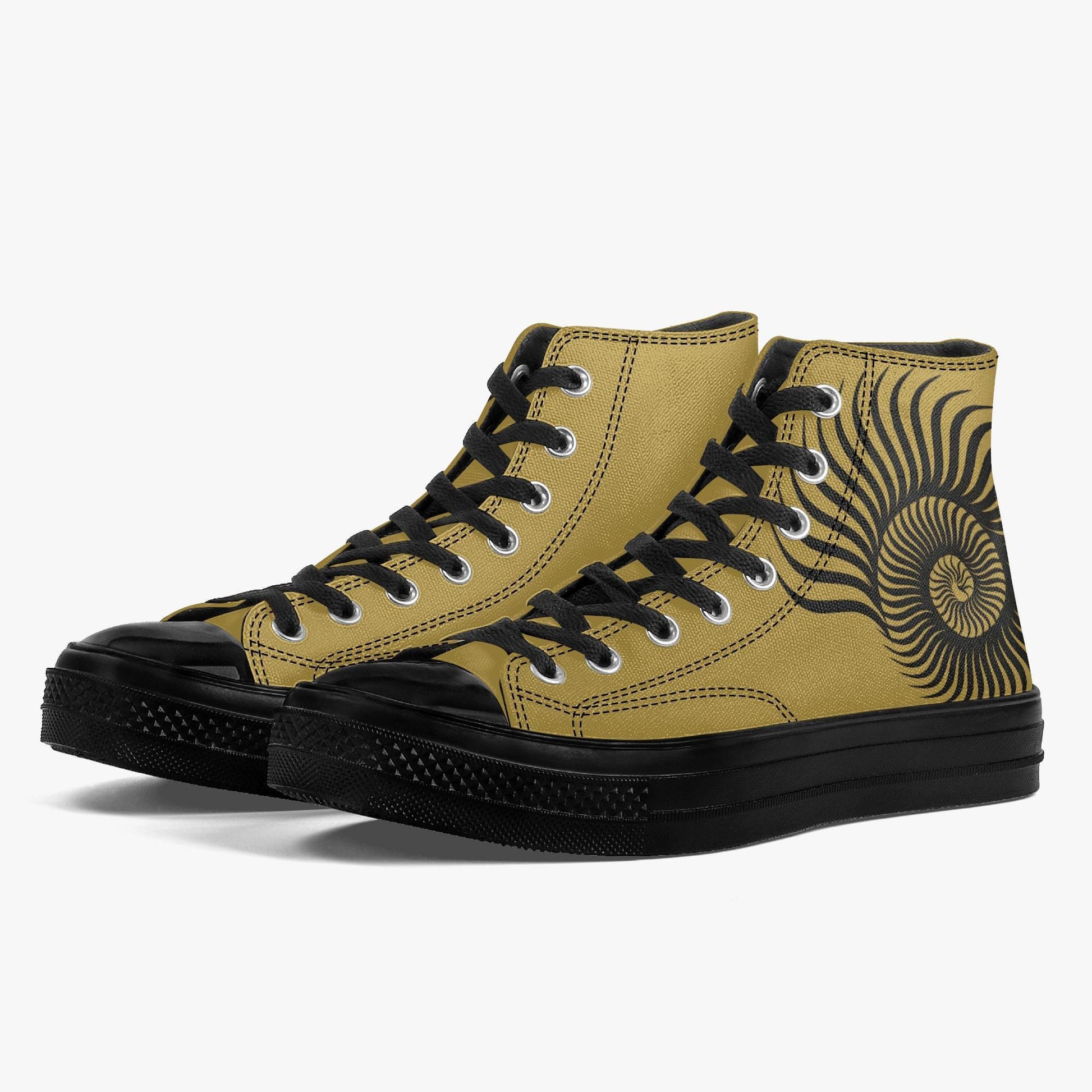 A pair of yellow and black high-top sneakers with a black and gold design on the side.