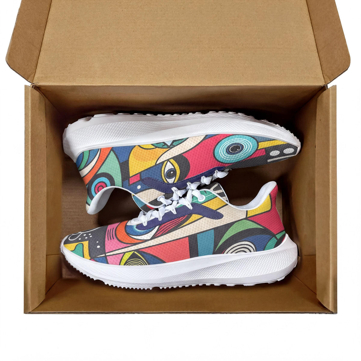 A pair of colorful, abstract-patterned sneakers are displayed in an open cardboard box.