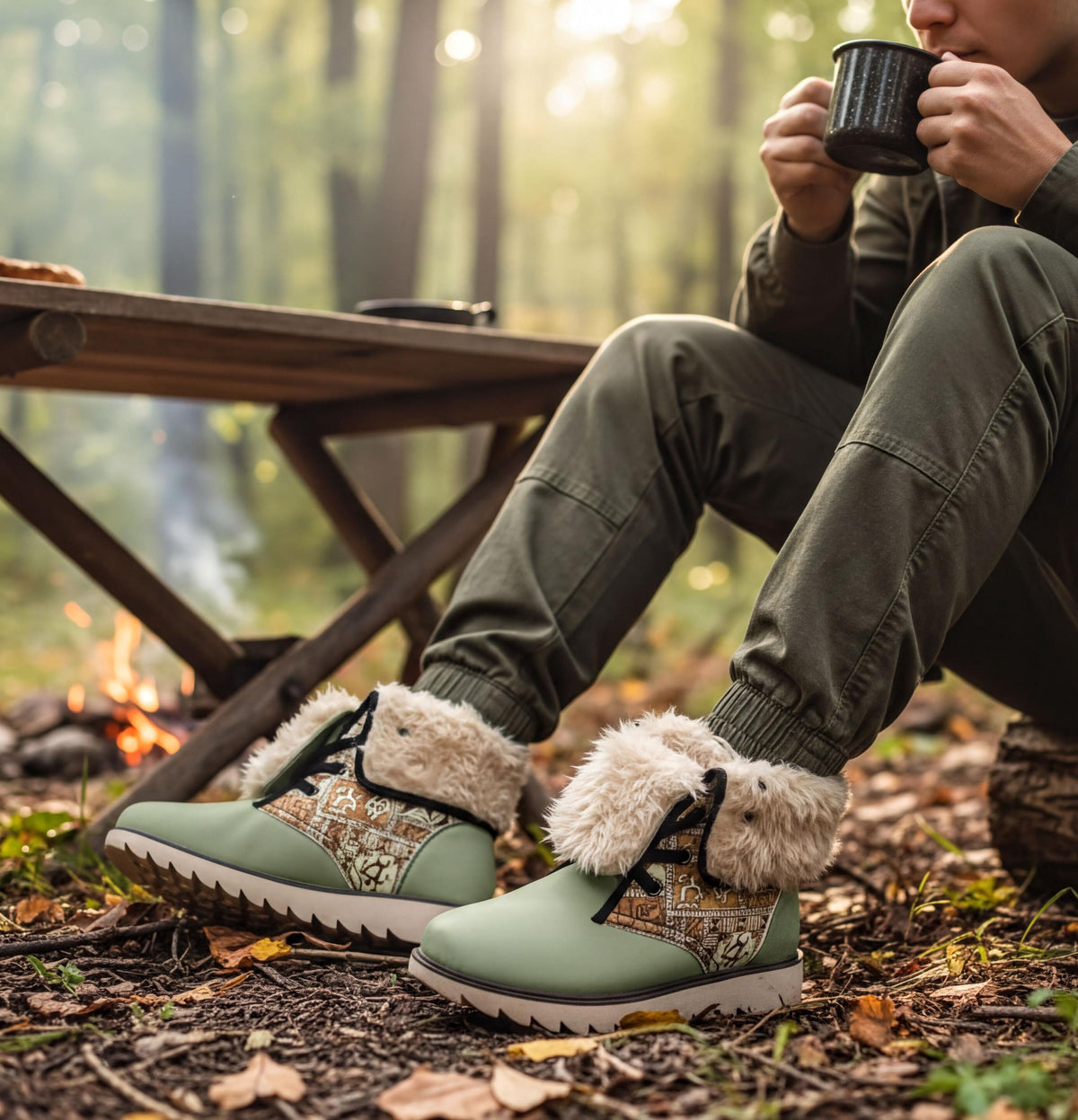 A person sitting in a forest, wearing green boots and holding a mug, with a campfire visible in the background.