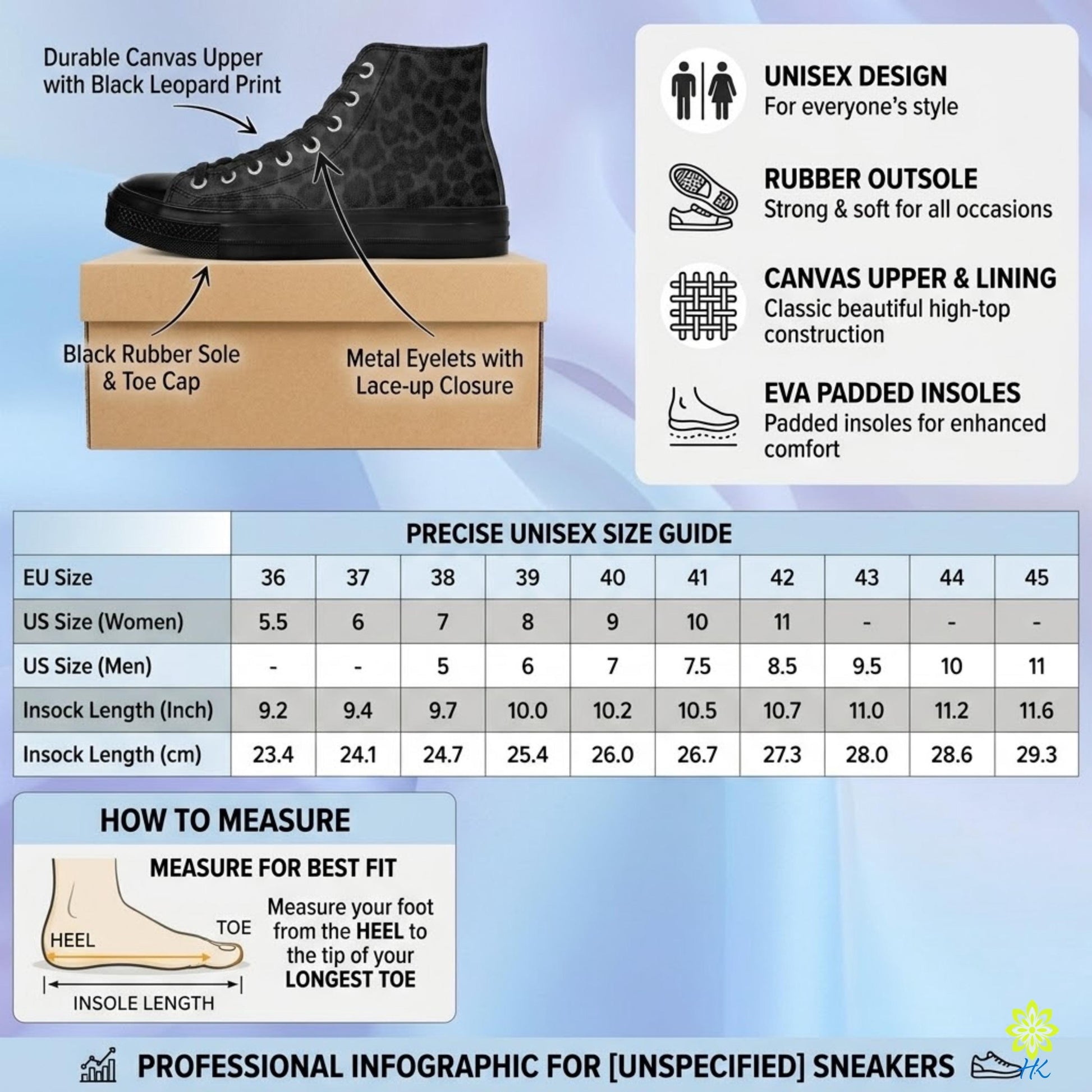 The image is a professional infographic for sneakers, providing information on the size and features of a specific sneaker model. It includes a close-up view of the sneaker, a box with the sneaker model, and a table with size and features listed. The infographic also includes a guide for measuring the best fit for the sneaker.