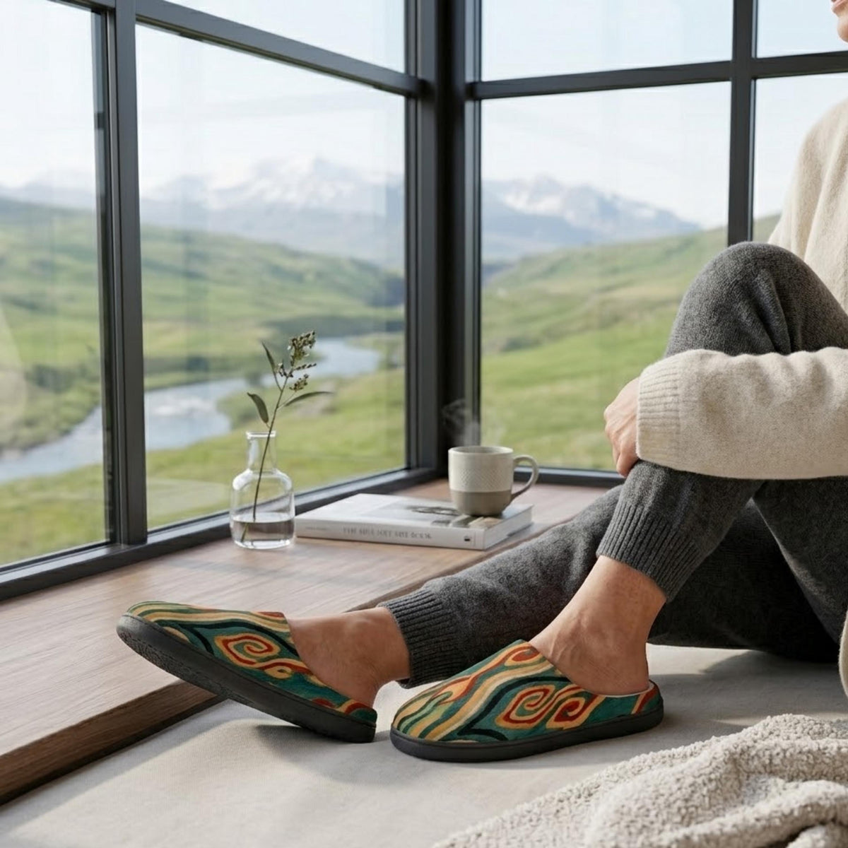 A person is sitting on a window sill, wearing colorful slippers, with a view of a mountainous landscape outside the window.