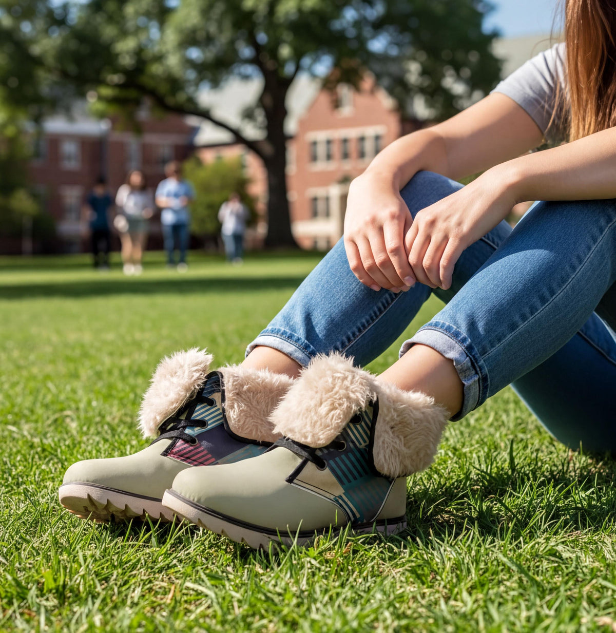 A person sitting on the grass wearing a pair of white boots with fur trim, with other people visible in the background.