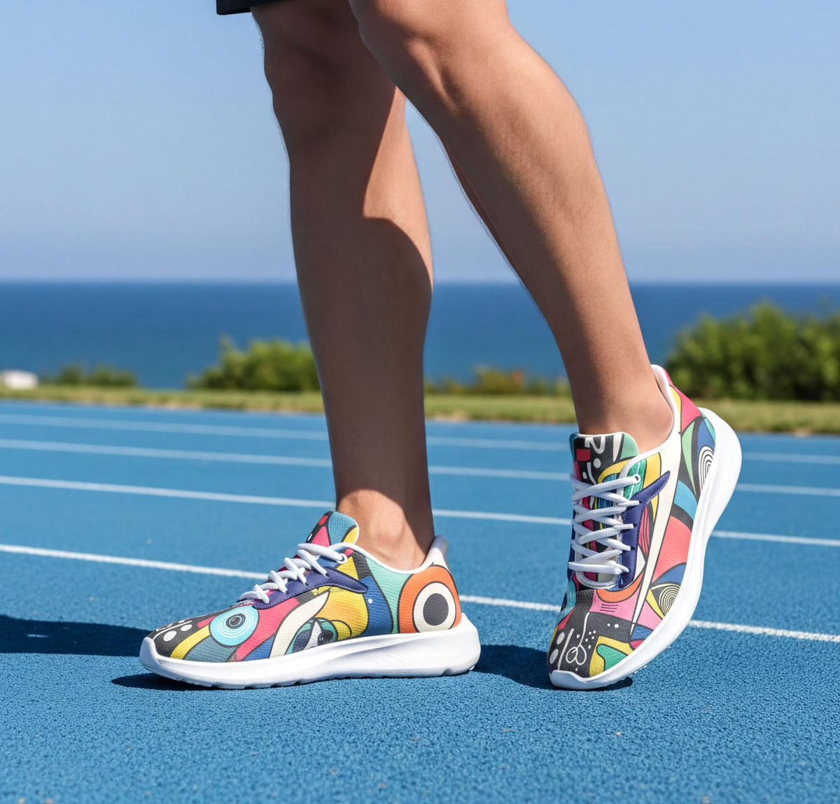 A person wearing colorful, patterned running shoes stands on a blue running track, with a body of water and a clear blue sky in the background.